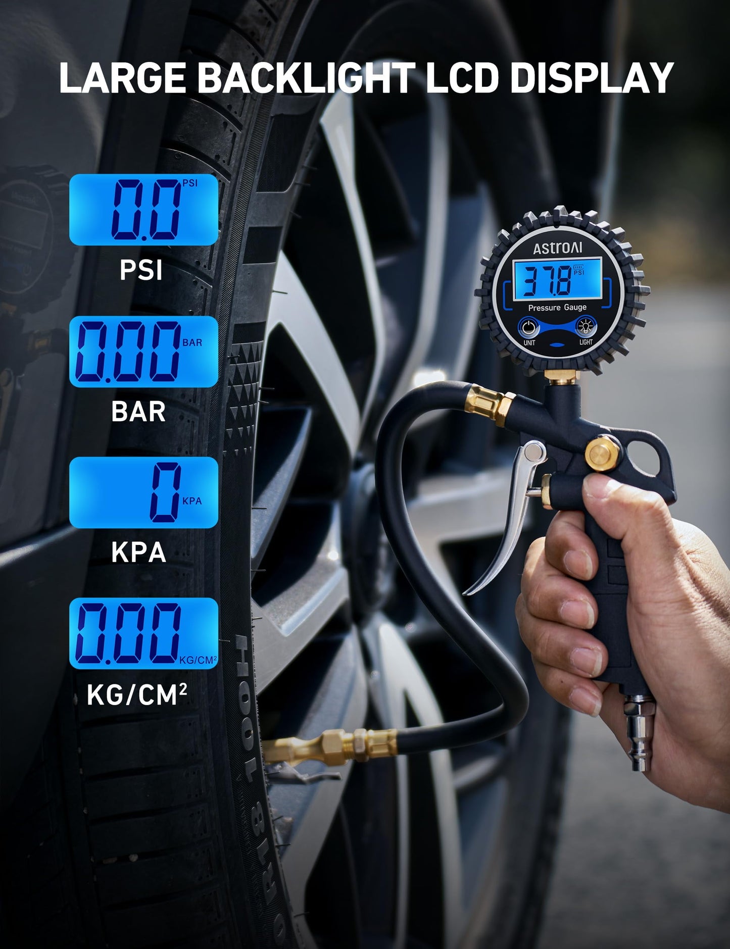 Digital Tire Pressure Gauge with Inflator, 3-250 PSI Air Chuck & Compressor Accessories Heavy Duty with Quick Connect Coupler, 0.1 Display Resolution, 1pack