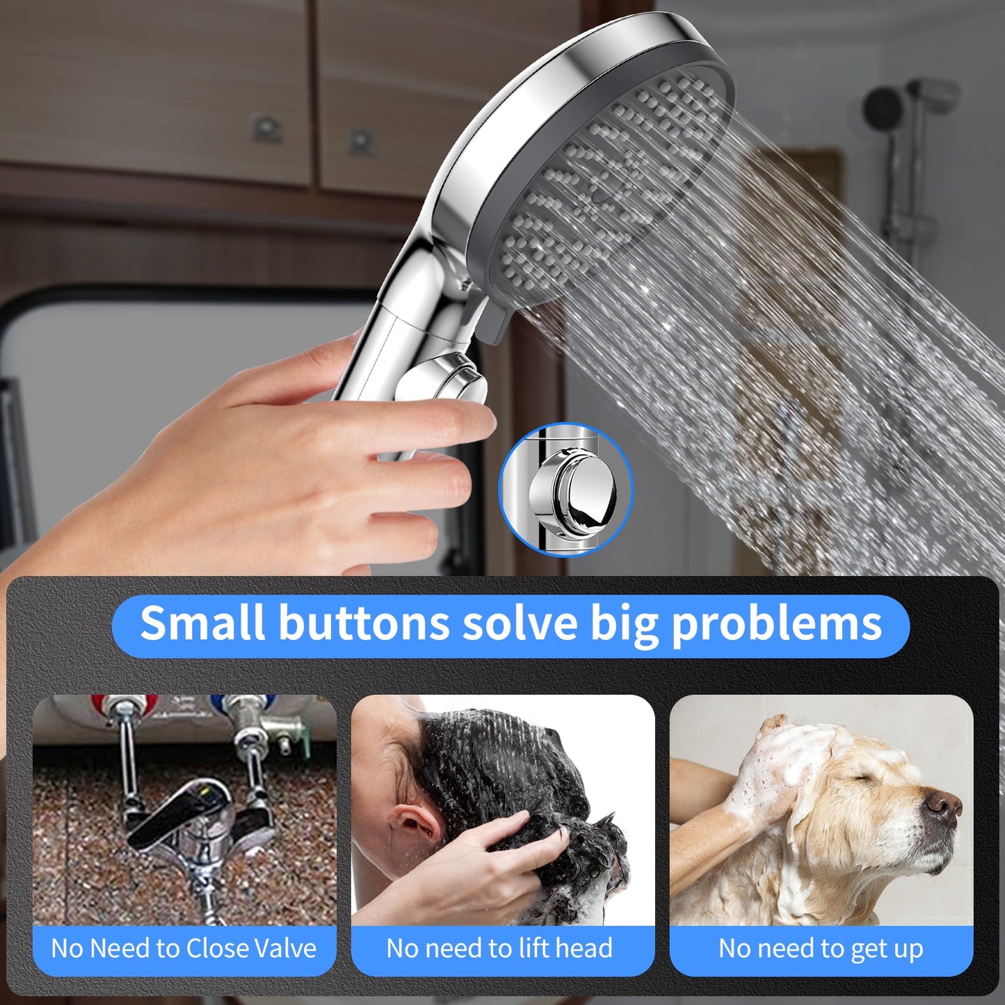 RV Shower Head with Hose, 5 Mode High Pressure Shower Head Replacement, Handheld on/off with Holder、Hose, Travel Trailer, Water Saving Motorhome