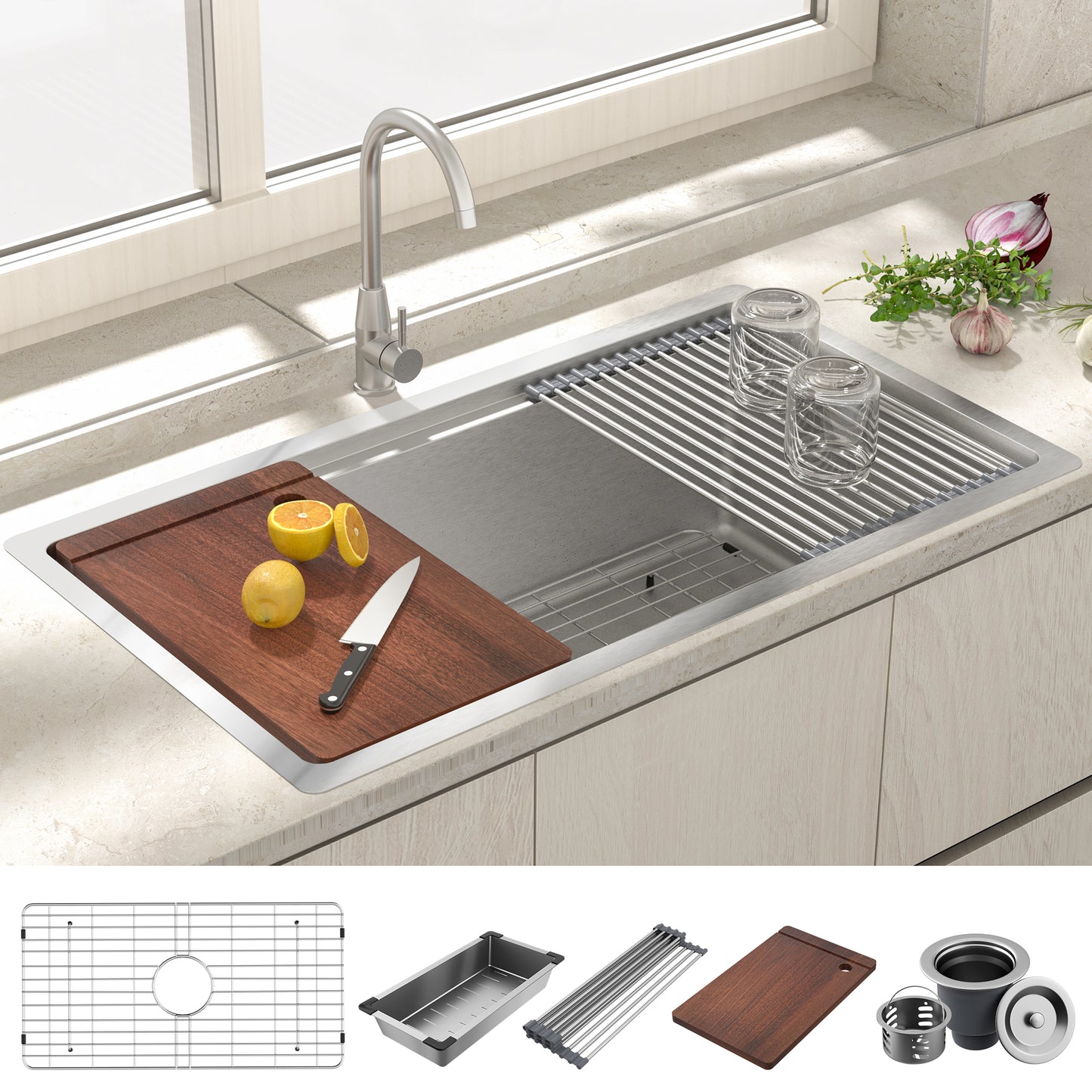Lafati 32-Inch Undermount Single Bowl Kitchen Sink - 304 SUS Stainless Steel - 16-Gauge - Farmhouse Sink with Accessories