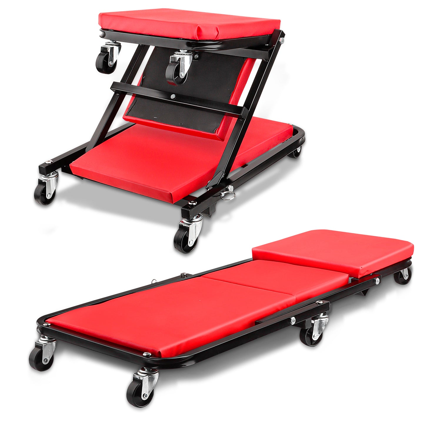 40" Inch Foldable Creeper Seat, 2 in 1 Z Shape Creeper and Seat, 6 Swivel Casters Wheeled Creeper for Garage Shop, 330 lbs Capacity, Red