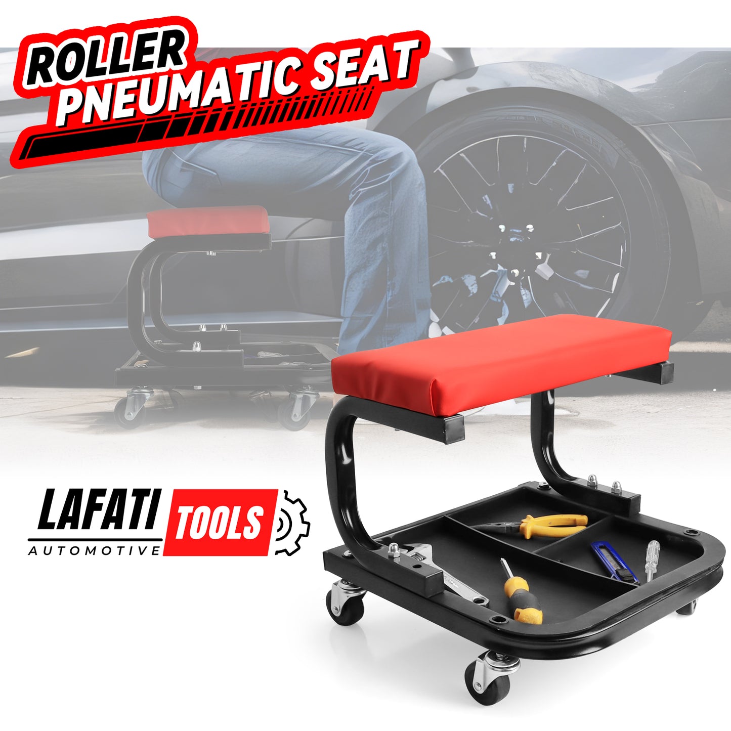 Rolling Creeper Garage/Shop Seat, Soft Padded Mechanic Stool with Segmented Tool Tray Storage, Heavy-Duty Garage Roller Seat with 4 Universal Casters, 330 LBS Capacity