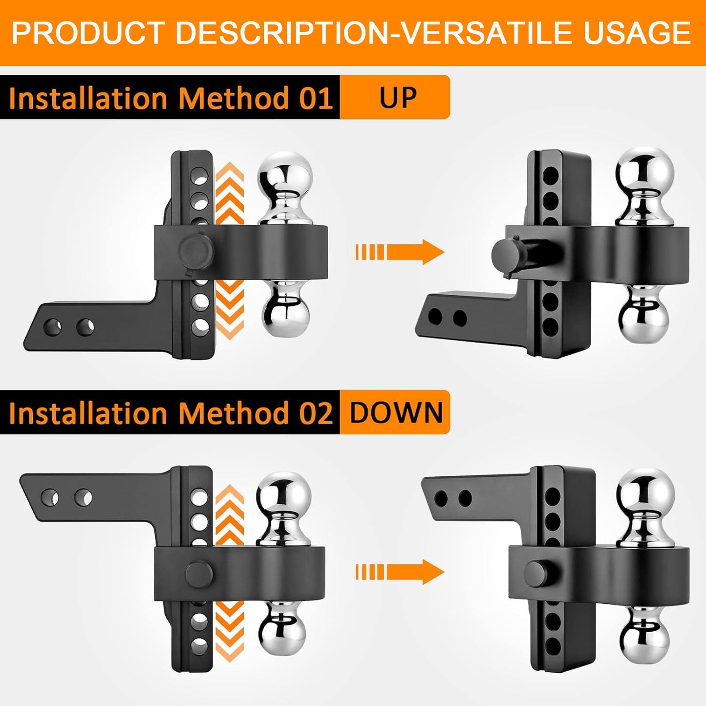 Adjustable Trailer Hitch, Fits 2-inch Receiver-Heavy Duty Aluminum Tow Hitches with 6-inch Drop/Rise for Truck (12,000 lbs GTW) - Weatherproof Double Anti-Theft Locking Hitch Pins