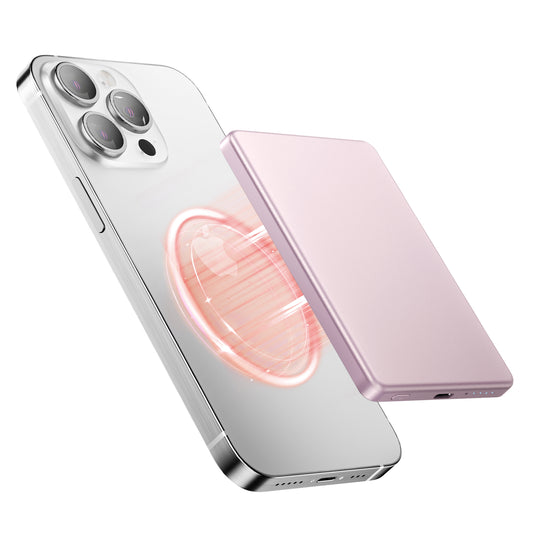 Magnetic Portable Charger, Ultra Slim 5,000mAh Wireless Portable Charger with USB-C Cable, Fast Charging WirelessMagsafe-Compatible Charger for iPhone 16/15/14/13/12—Pink