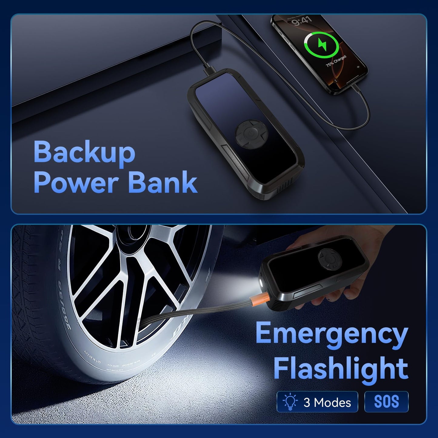 Cordless Portable Tire Inflator, 150 Psi Digital Pressure Gauge, 4500mAh Long Range Battery, Air Compressor for Car Tires with Automatic Shutoff, Emergency LED Light, Compact Automotive Pump