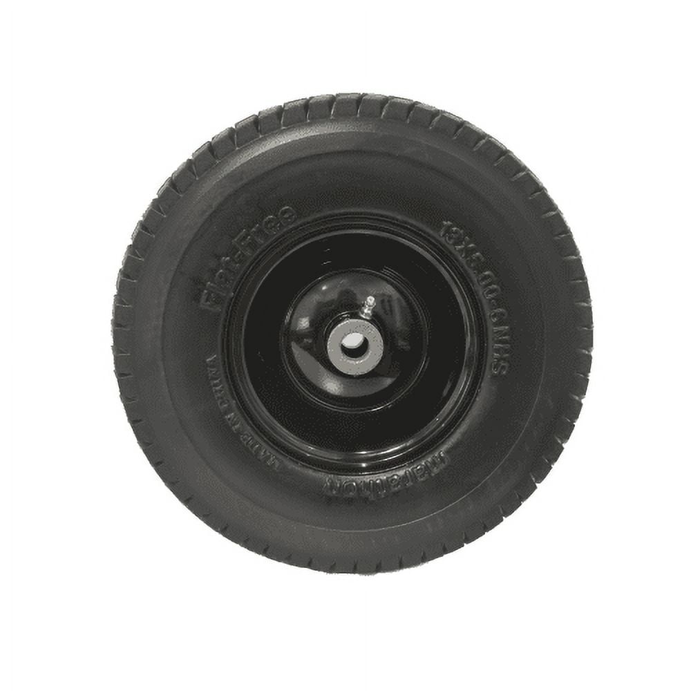 (4-Pack) 13x5.00-6 Flat Free Tire and Wheel Assemblies - Compatible for 13x5-6 Solid Rubbe Riding Lawn Mower Wheels and Tires - With 3" Centered Hub and 3/4" Bushings (Extra 5/8" Bushings)