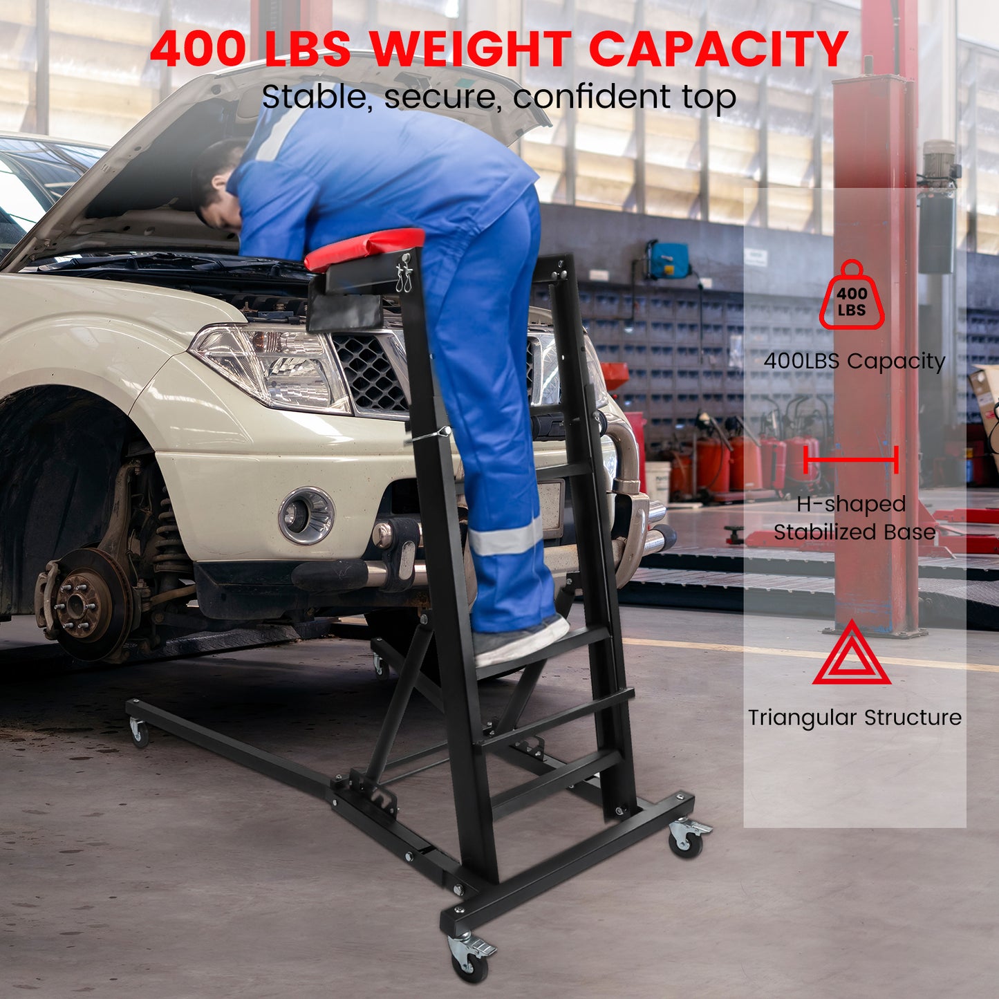 Foldable Topside Creeper, Automotive Engine Creeper with 45”-66” Adjustable Height, 400LBS Capacity High Top Automotive Creeper with 4 Swivel Caster Wheels and Cushions for Garage, Shop, Auto Repair