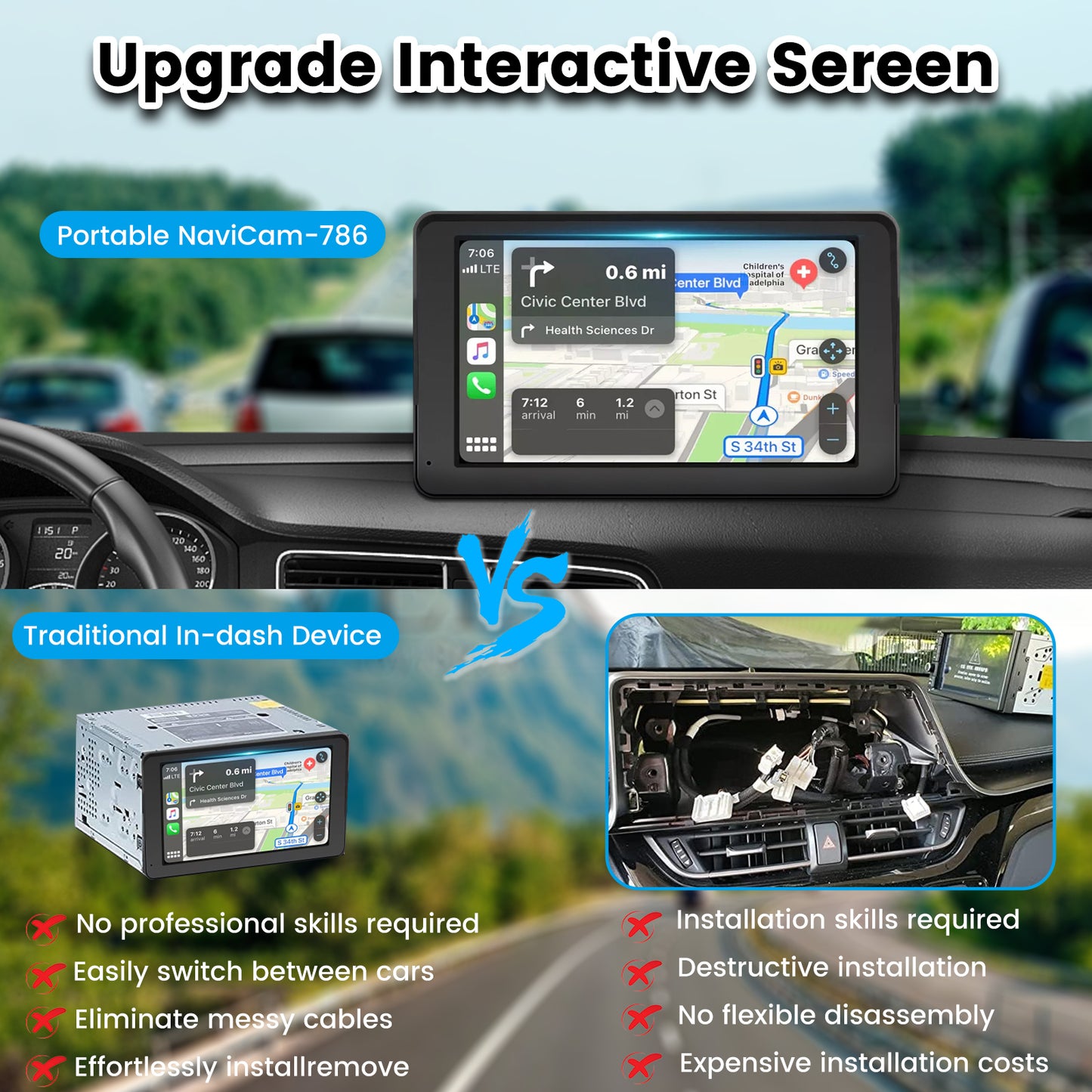 Portable Car Stereo Wireless Carplay Android Auto,7 Inch Touch Screen Car Radio with Bluetooth Hands-Free/Mirror Link/Maps Navigation/Voice Control/TF Card/AUX,for Cars, Trucks, SUVs