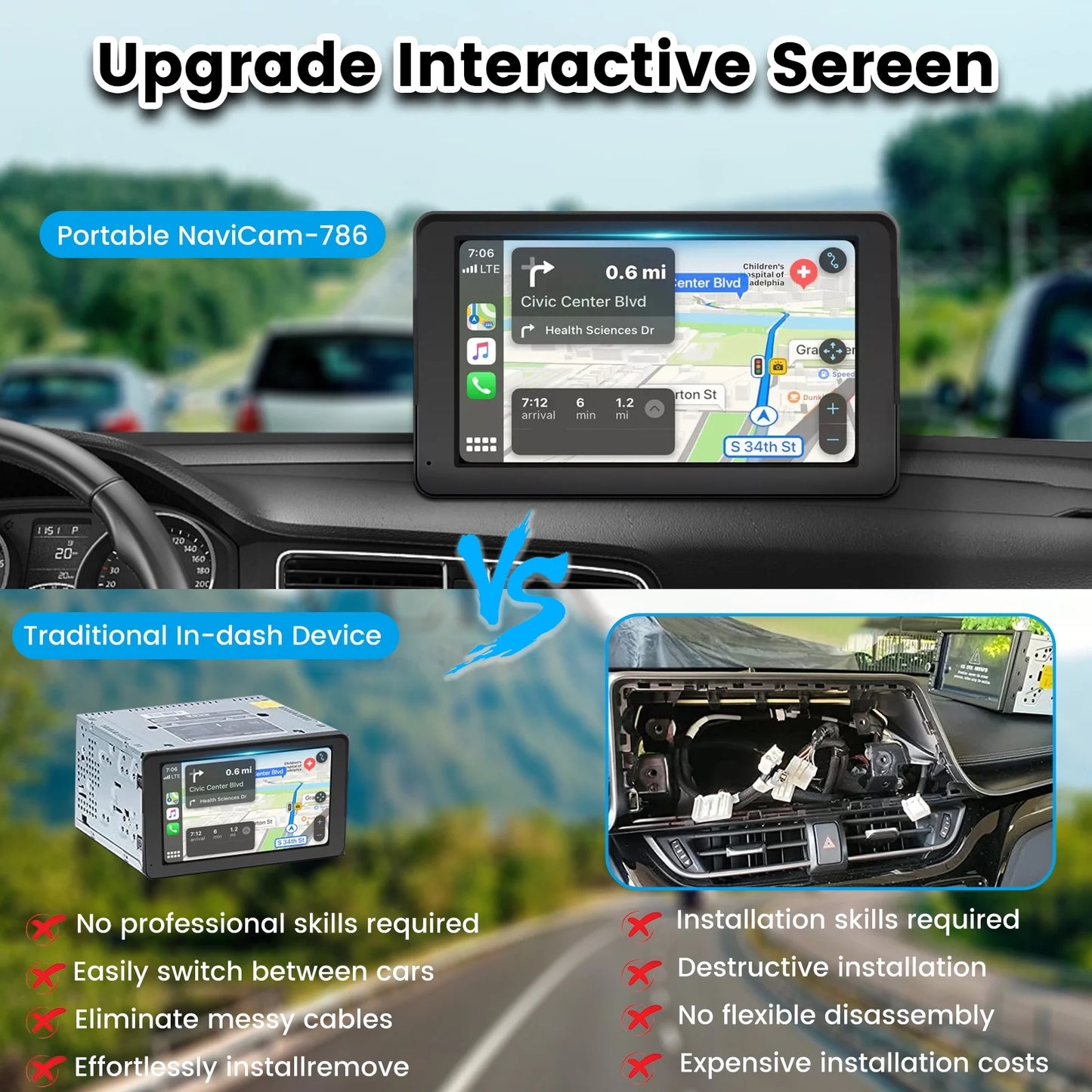 Portable Car Stereo Wireless Carplay Android Auto,7 Inch Touch Screen Car Radio with Bluetooth Hands-Free/Mirror Link/Maps Navigation/Voice Control/TF Card/AUX,for Cars, Trucks, SUVs