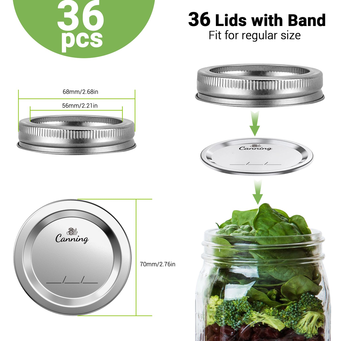 36Pcs Canning Lids with Rings Regular Mouth, Premium Mason Jar Lids with Bands/Rings for Regular Mouth Ball, Kerr Jars - Food Grade Material, 100% Fit & Airtight for Regular Mouth Mason Jars