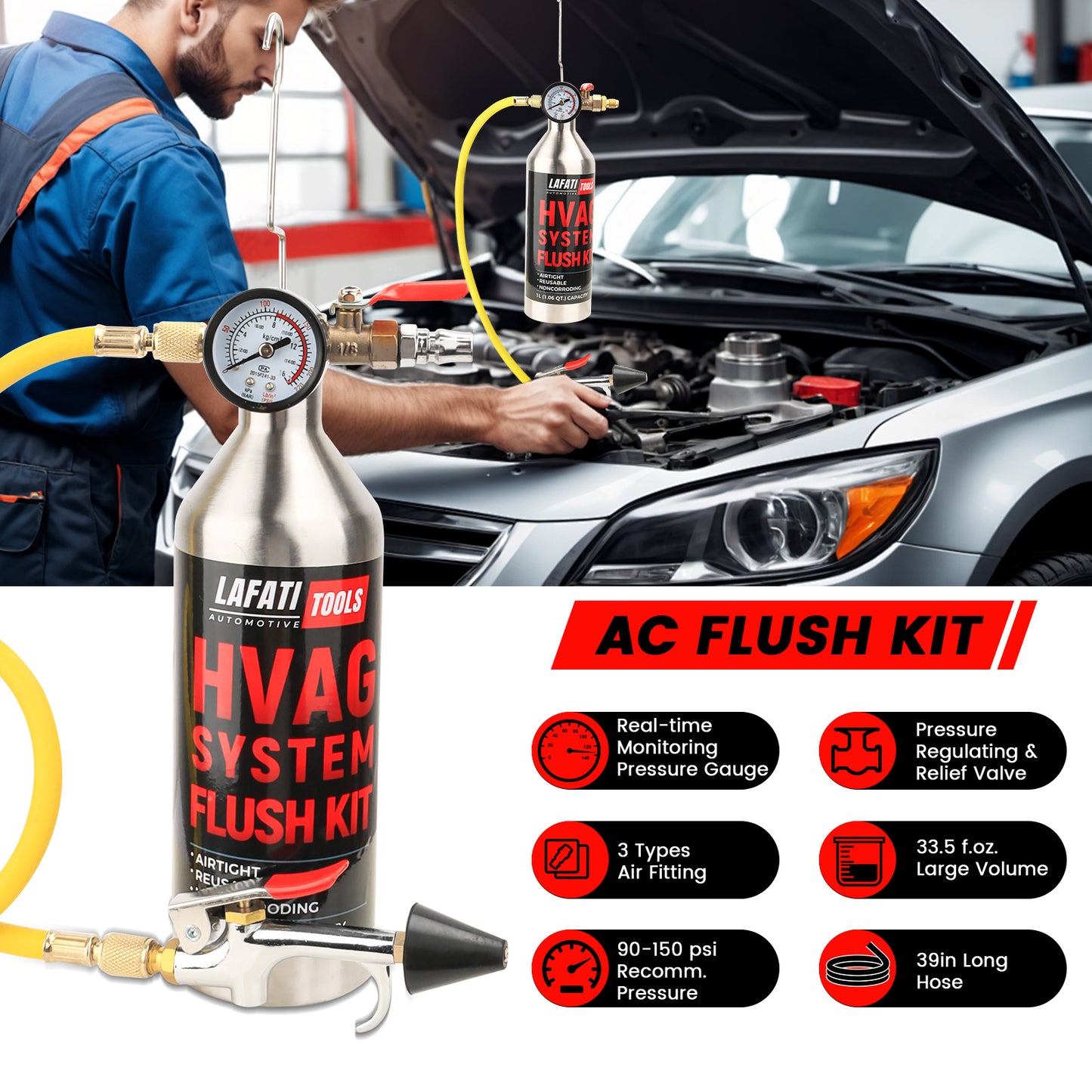 AC Flush Kit, Automotive Home HVAC Flush Tool, Thickened Stainless Steel Canister, Auto A/C Flushing Kit House Air Conditioning Flushing Bottle Set(Gas not included)