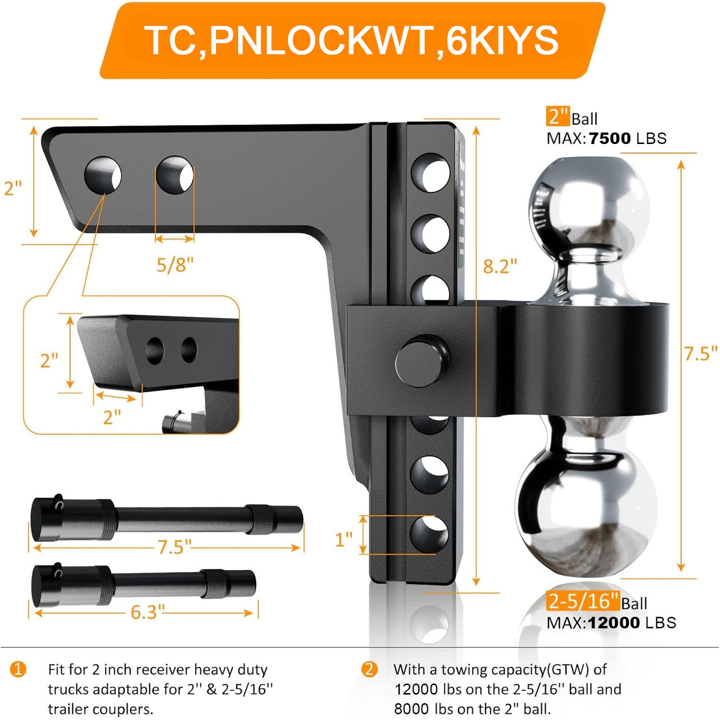 Adjustable Trailer Hitch, Fits 2-inch Receiver-Heavy Duty Aluminum Tow Hitches with 6-inch Drop/Rise for Truck (12,000 lbs GTW) - Weatherproof Double Anti-Theft Locking Hitch Pins