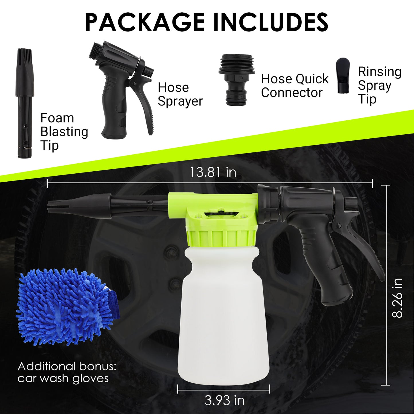 Car Wash Foam Gun, Microfiber Wash Mitt, Car Foam Sprayer, Car Wash Kit, Foam Cannon Garden Hose, Spray Foam Gun Cleaner, Car Accessories for Men, Snow Foam Blaster(Green)