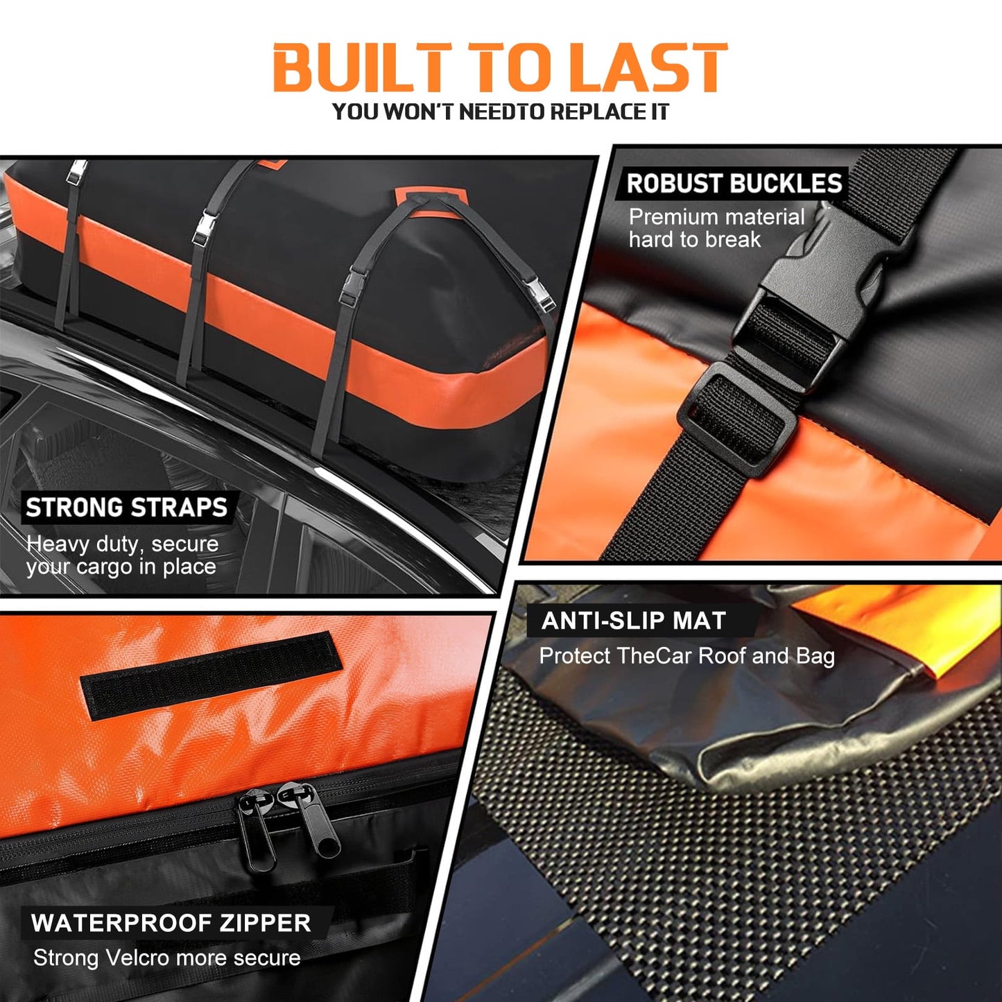 Car Rooftop Cargo Carrier - 15Cubic feet, 100% Waterproof Heavy Duty 840D Car Roof Bag for All Vehicles with/Without Racks -Slip Mat + Reinforced Straps +4 Door Hooks + Luggage Lock