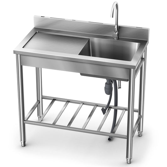 LAFATI Stainless Steel Utility Sink - 304 SUS, Free Standing Single Bowl with Large Work Station, Faucet, and Drainboard (39 Inch)