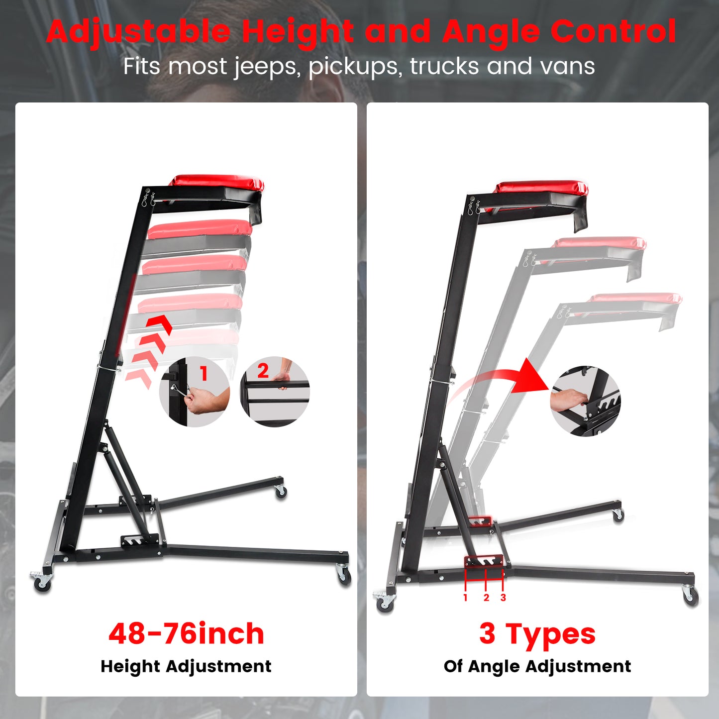 Foldable Topside Creeper, Automotive Engine Creeper with 45”-66” Adjustable Height, 400LBS Capacity High Top Automotive Creeper with 4 Swivel Caster Wheels and Cushions for Garage, Shop, Auto Repair