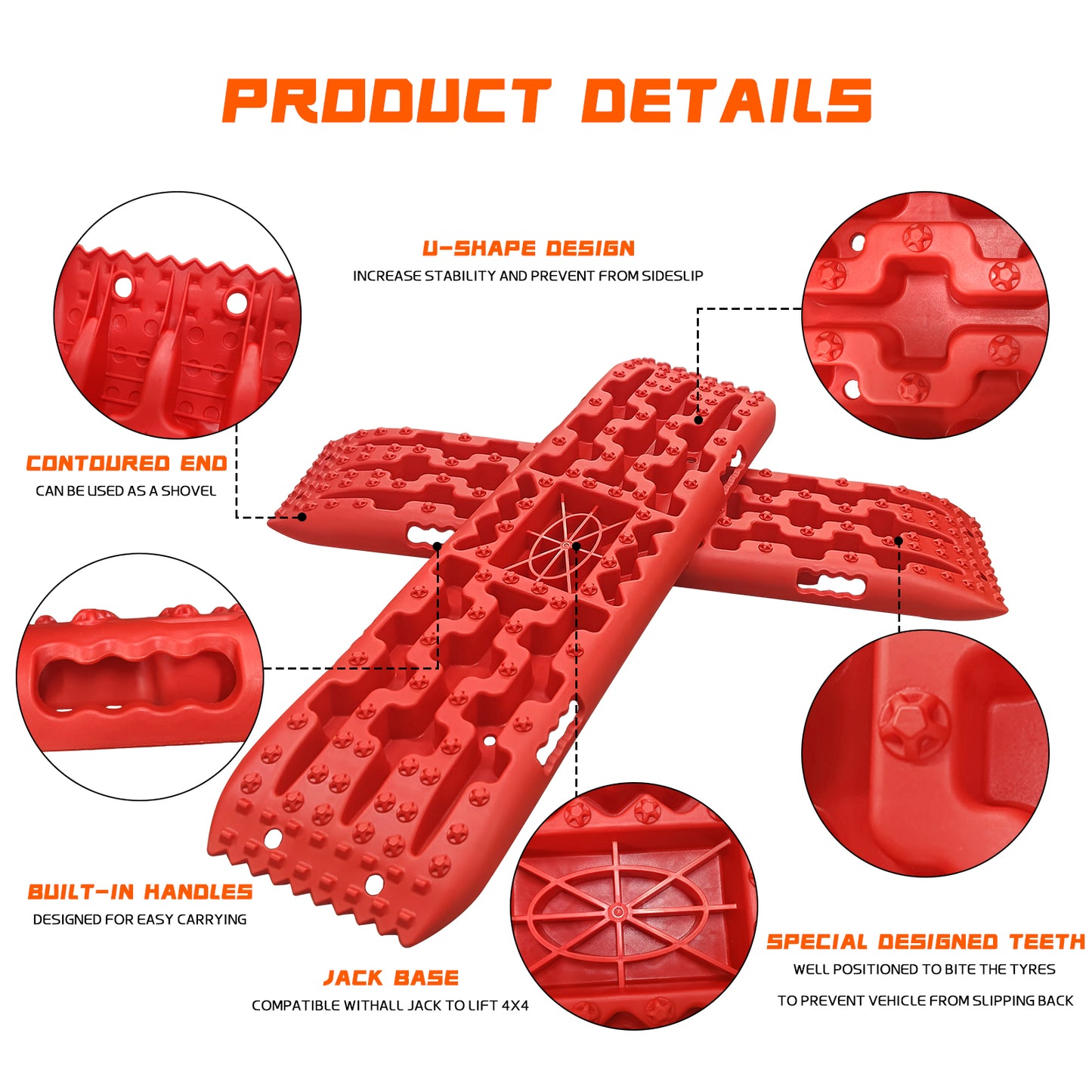 Recovery Traction Boards, Offroad Tracks Board, Traction Tire Ladder, 4WD Traction Mats for Sand, Mud & Snow (Red)