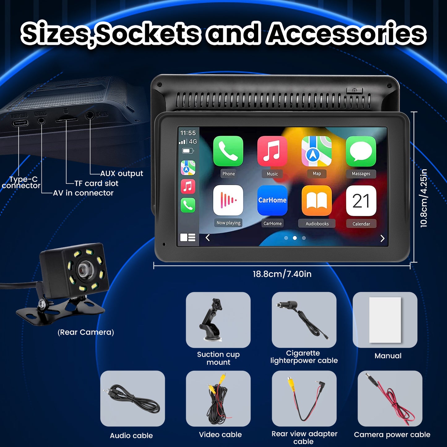 Portable Car Stereo Wireless Carplay Android Auto,7 Inch Touch Screen Car Radio with Bluetooth Hands-Free/Mirror Link/Maps Navigation/Voice Control/TF Card/AUX,for Cars, Trucks, SUVs