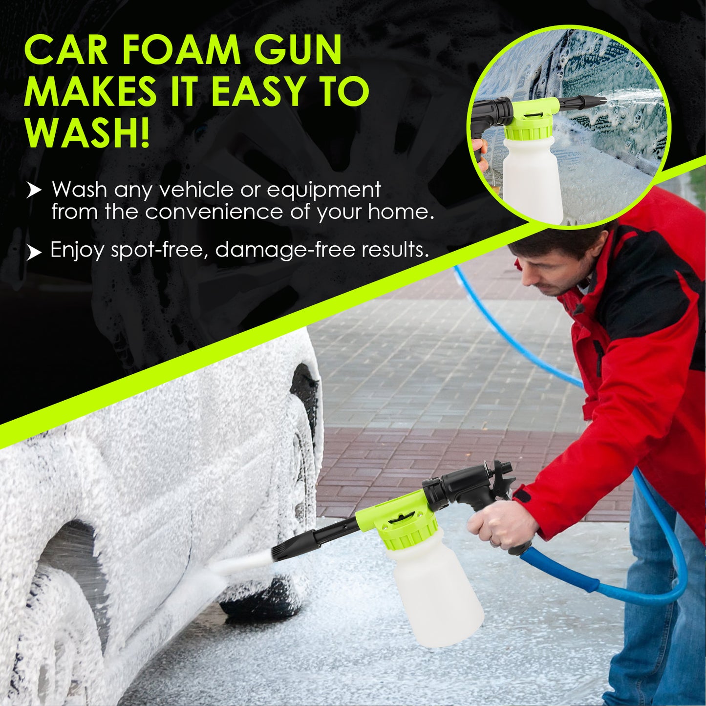 Car Wash Foam Gun, Microfiber Wash Mitt, Car Foam Sprayer, Car Wash Kit, Foam Cannon Garden Hose, Spray Foam Gun Cleaner, Car Accessories for Men, Snow Foam Blaster(Green)