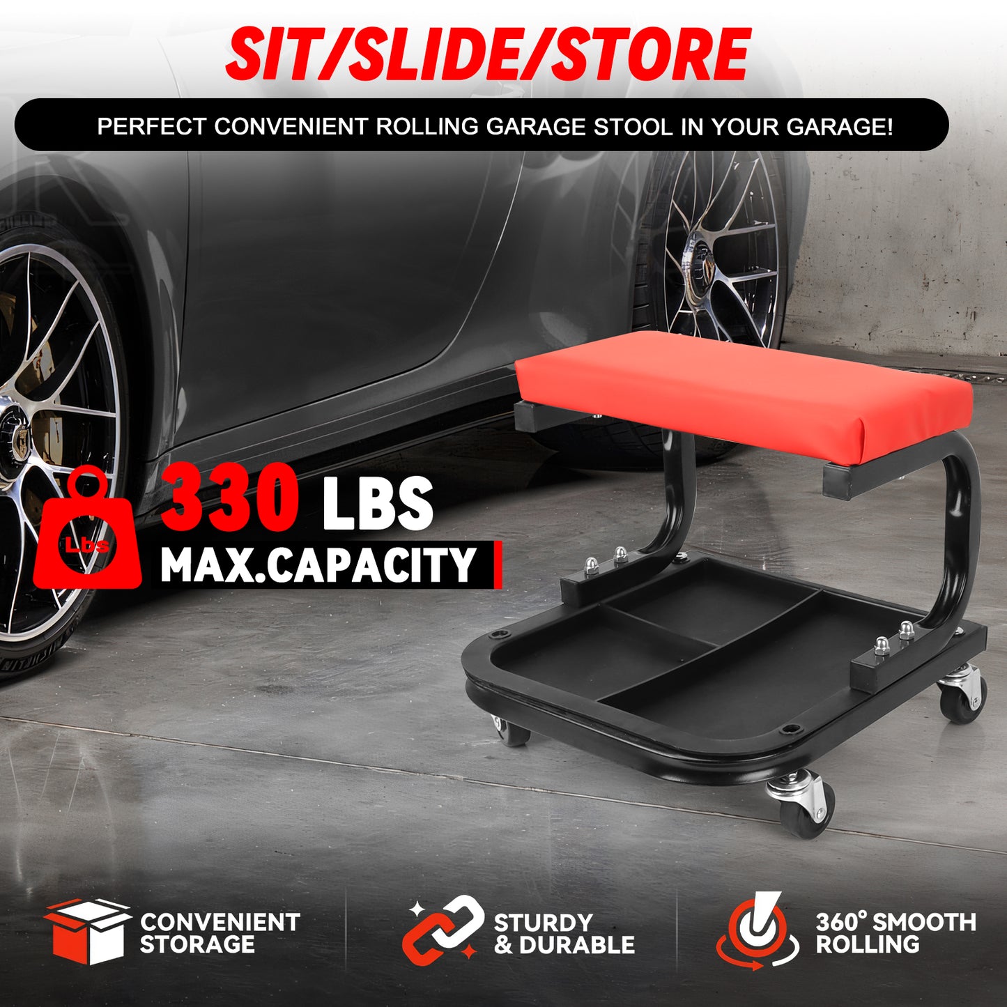 Rolling Creeper Garage/Shop Seat, Soft Padded Mechanic Stool with Segmented Tool Tray Storage, Heavy-Duty Garage Roller Seat with 4 Universal Casters, 330 LBS Capacity