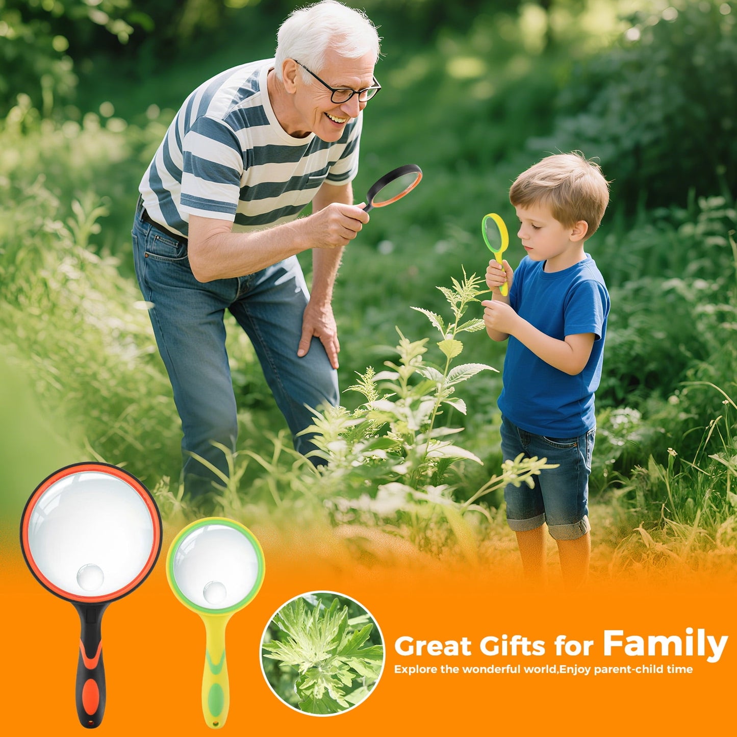 Nazano 2 Pcs Magnifying Glass, Large Handheld Magnifier Magnafying, Non-Slip Rubber Handle for Handheld Seniors Reading & Children Science/Explore