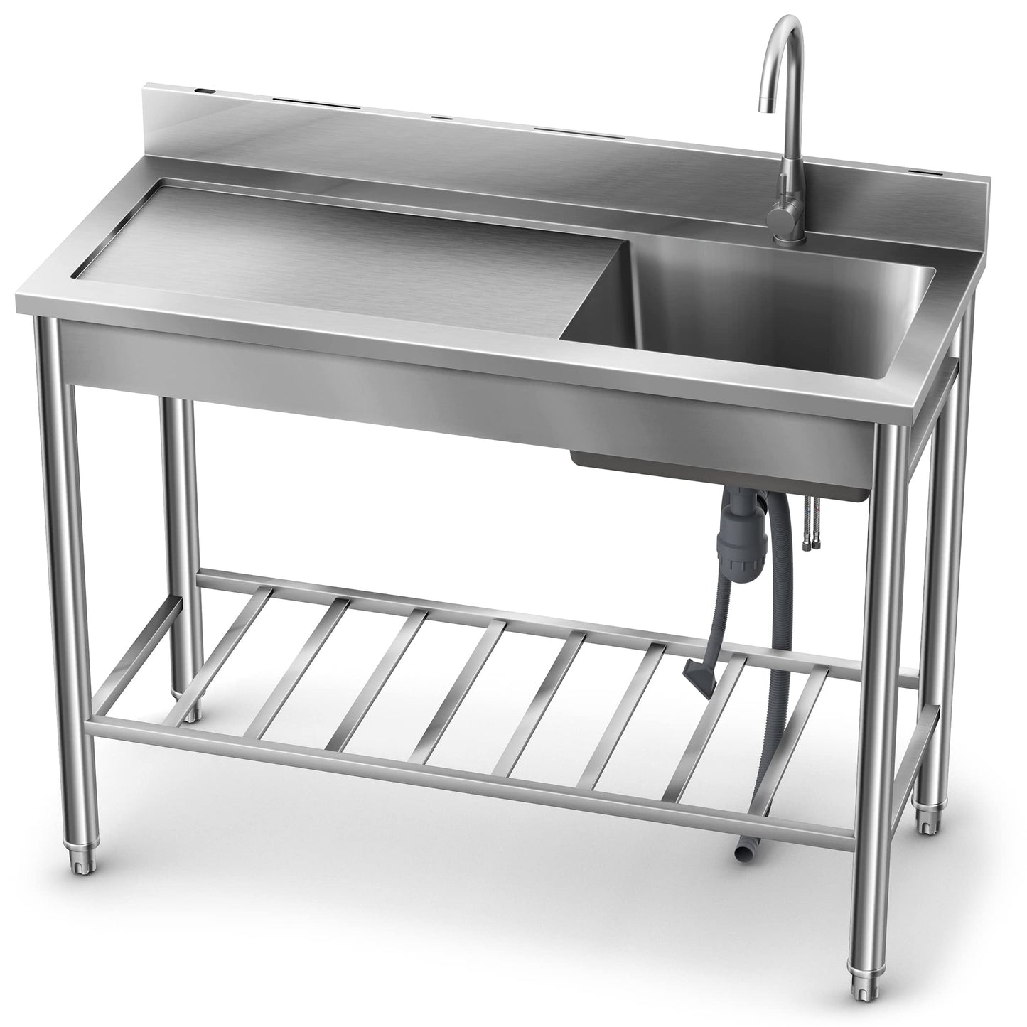 Lafati 304 SUS Stainless Steel Utility Sink - 47-Inch Free Standing Single Bowl Sink with Cold & Hot Water Faucet and Undershelf
