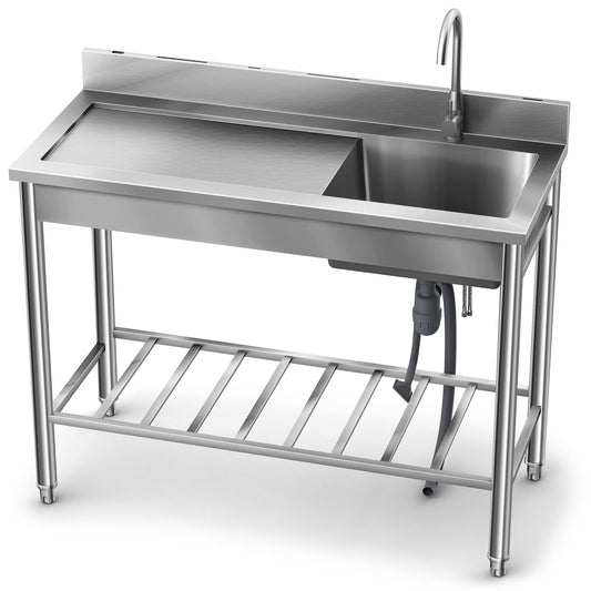 Lafati 304 SUS Stainless Steel Utility Sink - 47-Inch Free Standing Single Bowl Sink with Cold & Hot Water Faucet and Undershelf