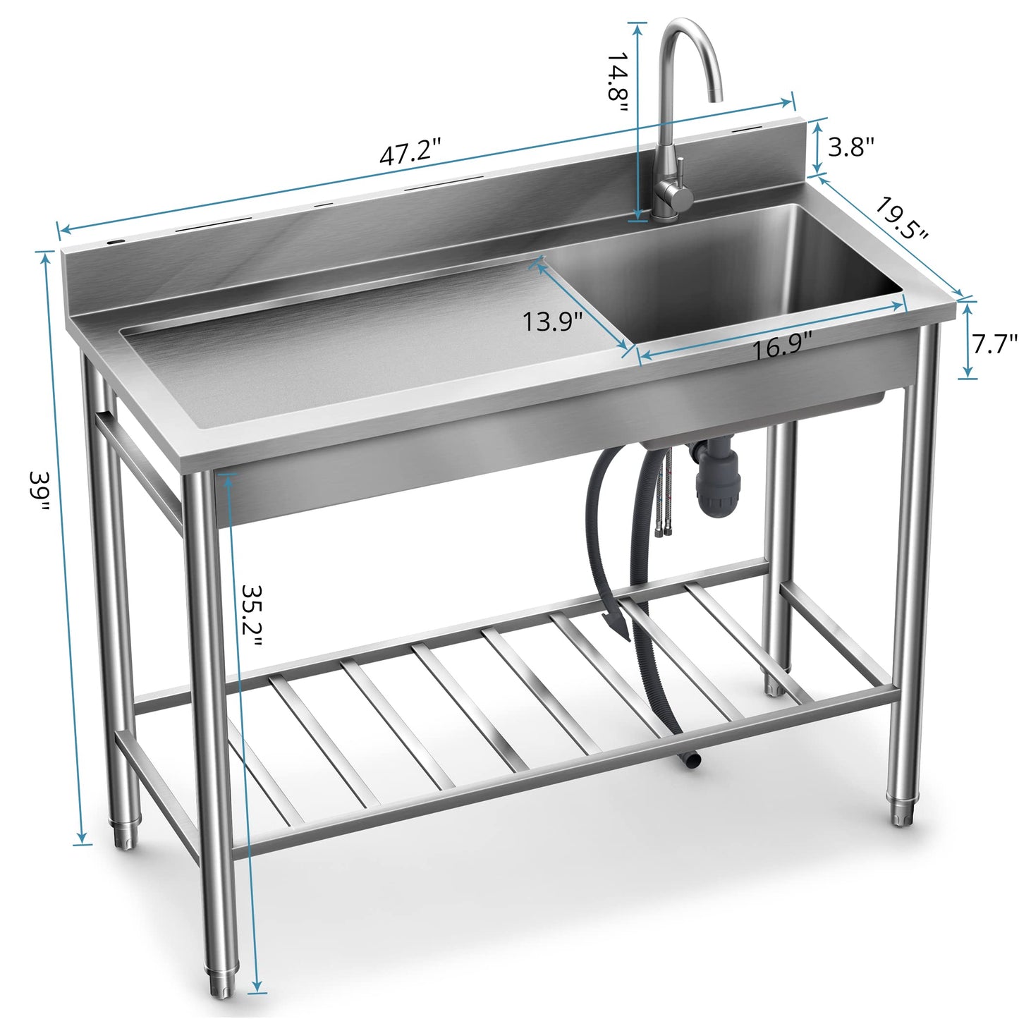 Lafati 304 SUS Stainless Steel Utility Sink - 47-Inch Free Standing Single Bowl Sink with Cold & Hot Water Faucet and Undershelf
