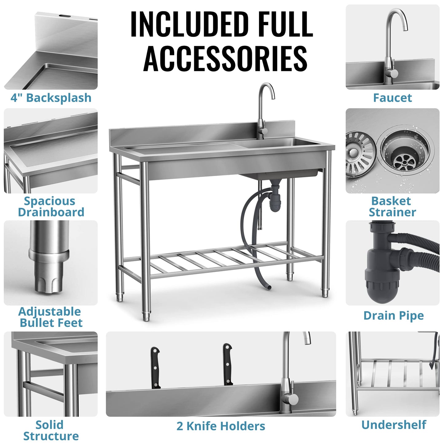Lafati 304 SUS Stainless Steel Utility Sink - 47-Inch Free Standing Single Bowl Sink with Cold & Hot Water Faucet and Undershelf