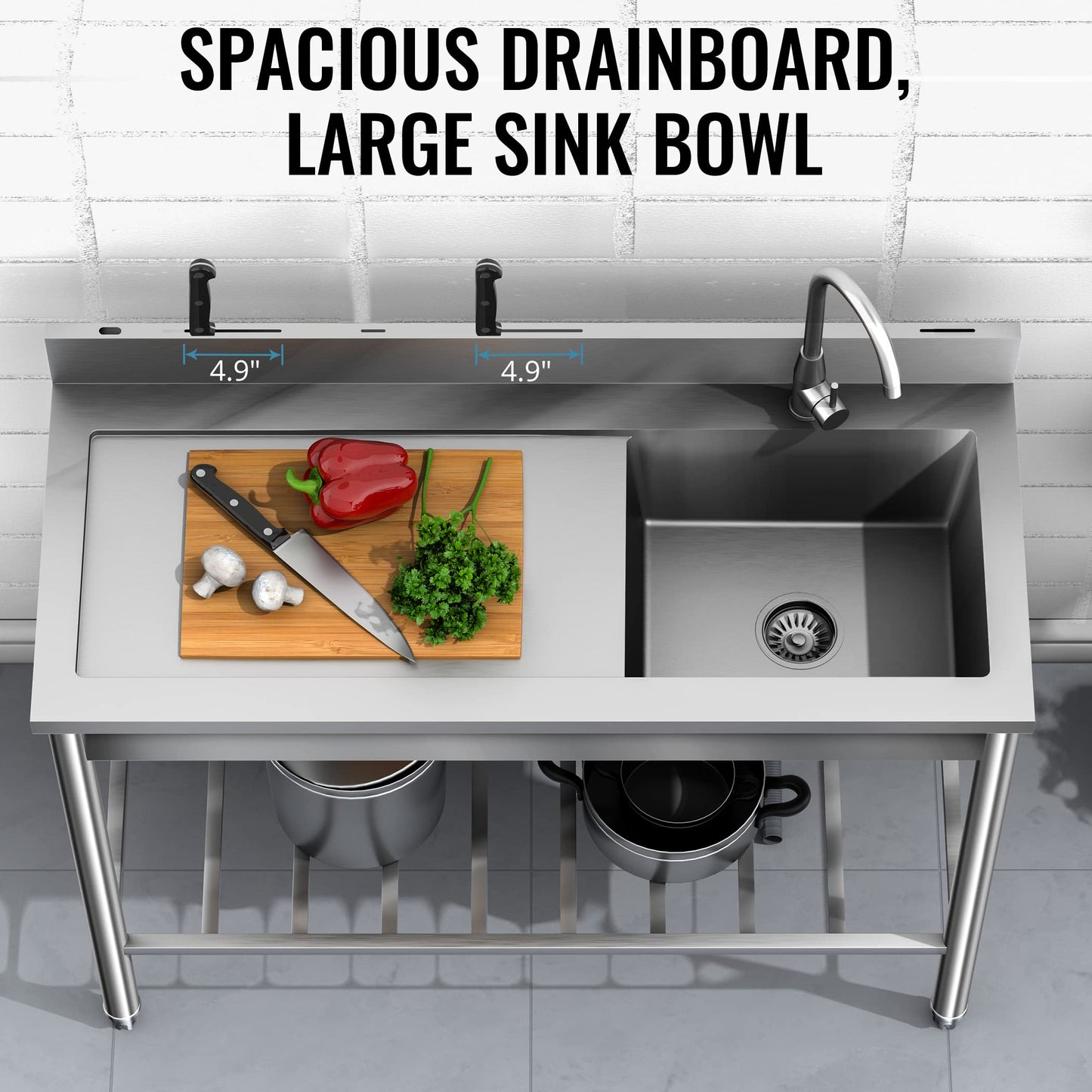 Lafati 304 SUS Stainless Steel Utility Sink - 47-Inch Free Standing Single Bowl Sink with Cold & Hot Water Faucet and Undershelf