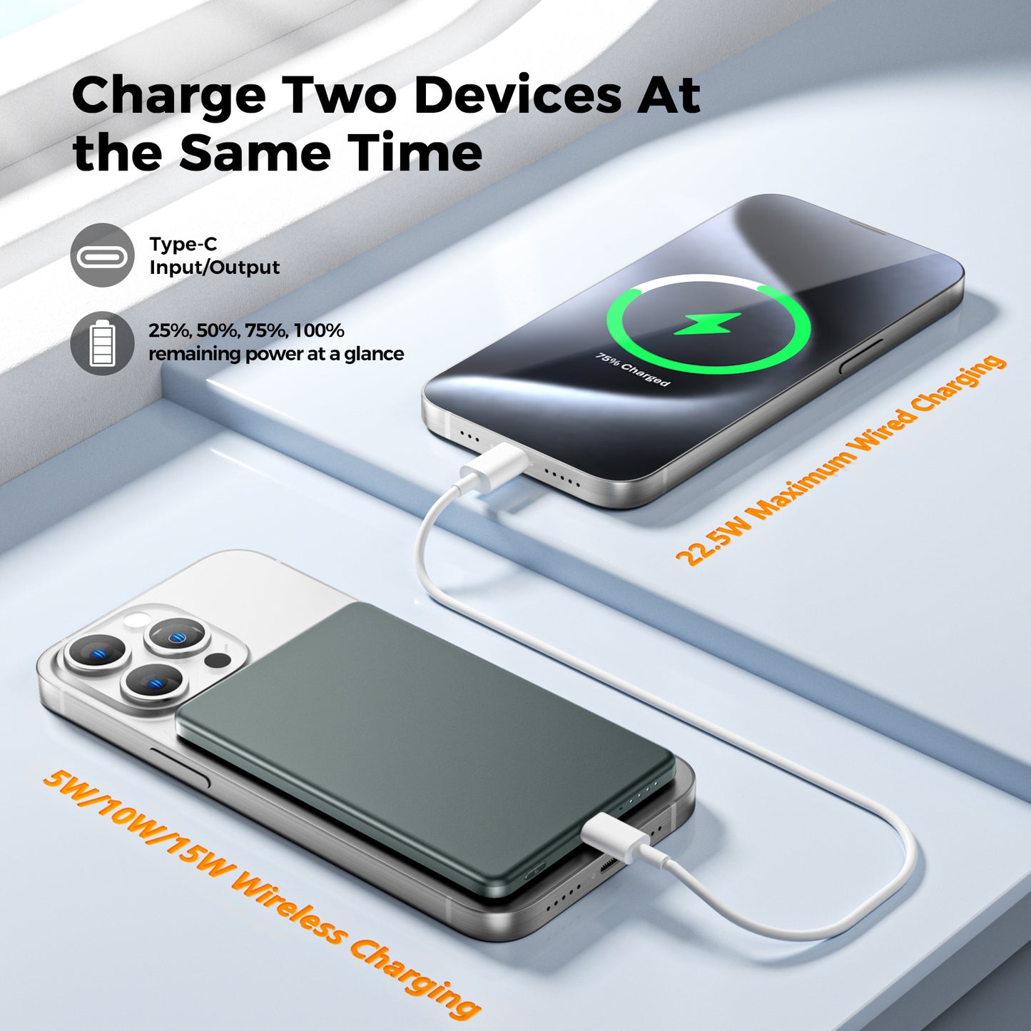 Magnetic Portable Charger, Ultra Slim 5,000mAh Wireless Portable Charger with USB-C Cable, Fast Charging WirelessMagsafe-Compatible Charger for iPhone 16/15/14/13/12—Grey