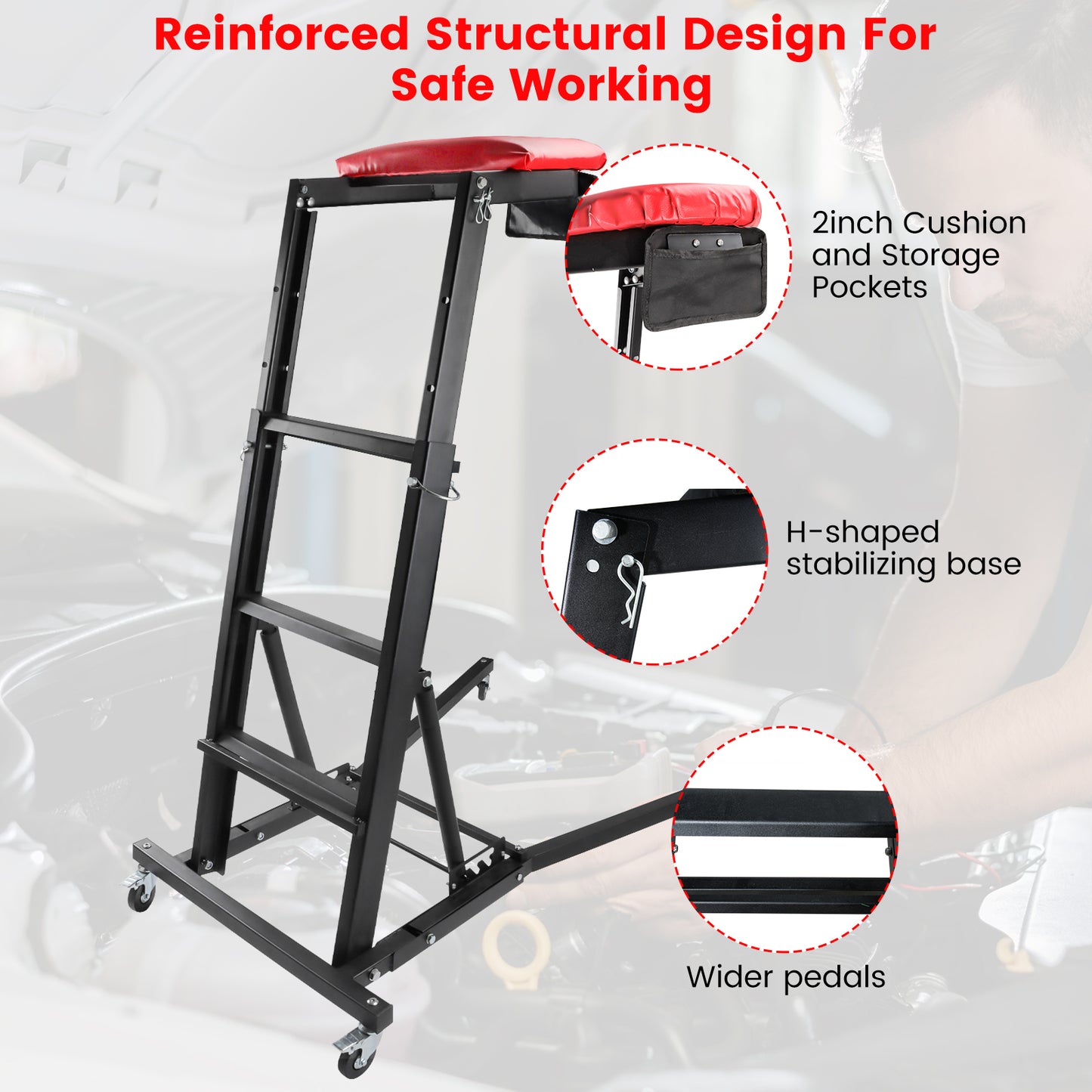 Foldable Topside Creeper, Automotive Engine Creeper with 45”-66” Adjustable Height, 400LBS Capacity High Top Automotive Creeper with 4 Swivel Caster Wheels and Cushions for Garage, Shop, Auto Repair