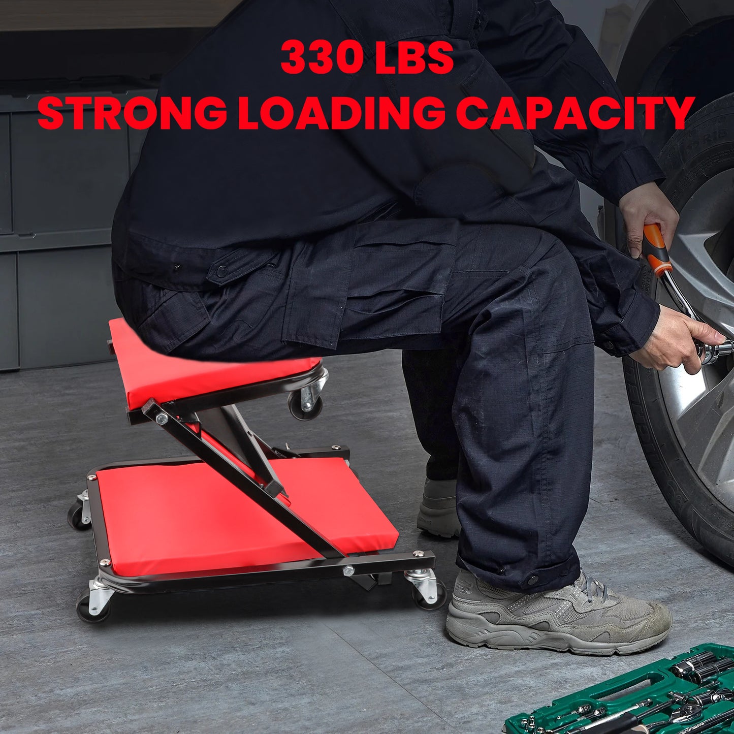 40" Inch Foldable Creeper Seat, 2 in 1 Z Shape Creeper and Seat, 6 Swivel Casters Wheeled Creeper for Garage Shop, 330 lbs Capacity, Red