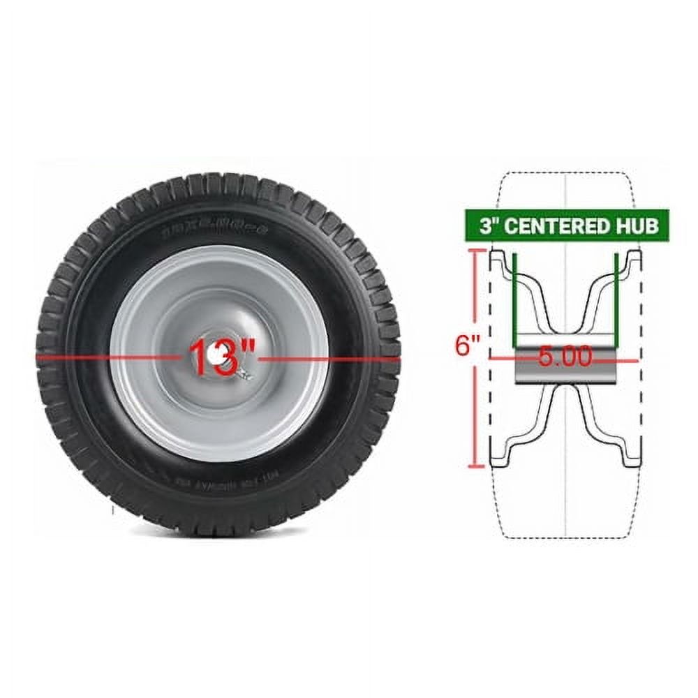 (4-Pack) 13x5.00-6 Flat Free Tire and Wheel Assemblies - Compatible for 13x5-6 Solid Rubbe Riding Lawn Mower Wheels and Tires - With 3" Centered Hub and 3/4" Bushings (Extra 5/8" Bushings)
