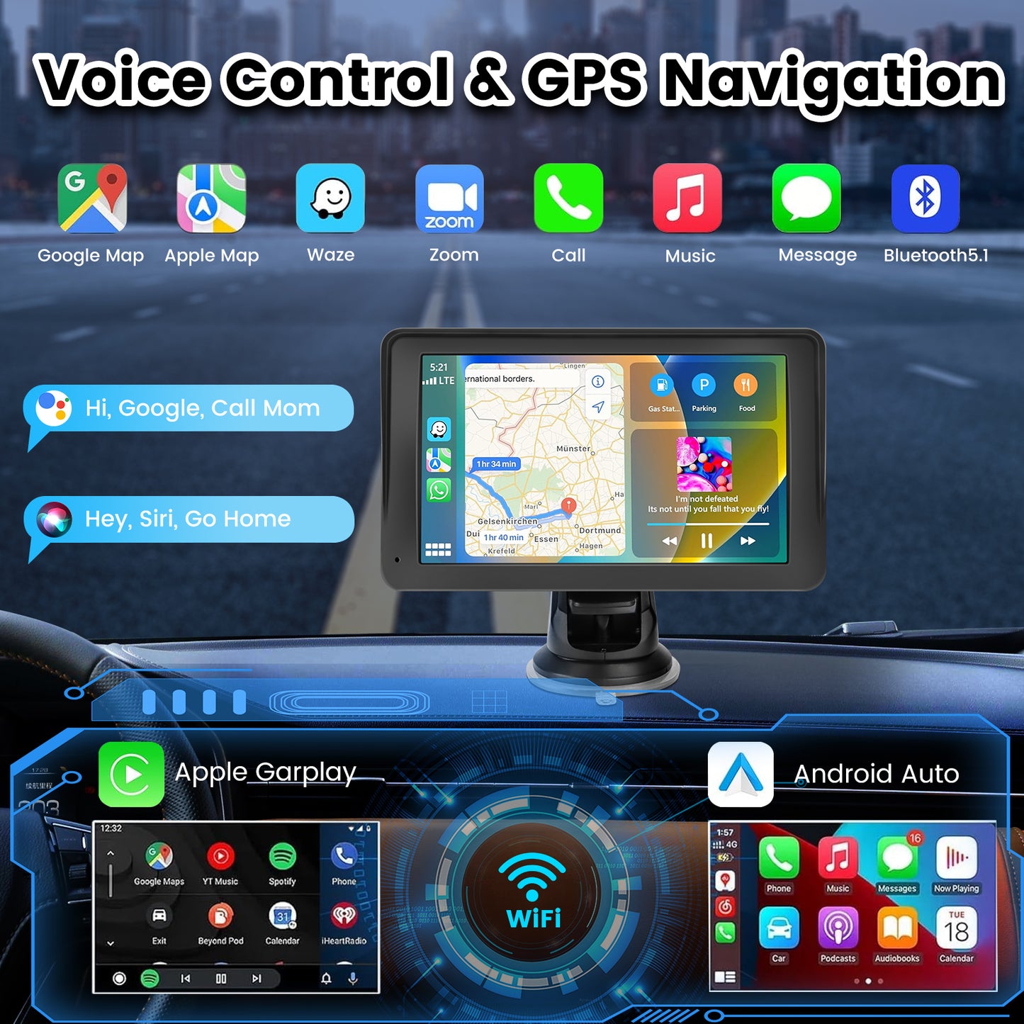 Portable Car Stereo Wireless Carplay Android Auto,7 Inch Touch Screen Car Radio with Bluetooth Hands-Free/Mirror Link/Maps Navigation/Voice Control/TF Card/AUX,for Cars, Trucks, SUVs