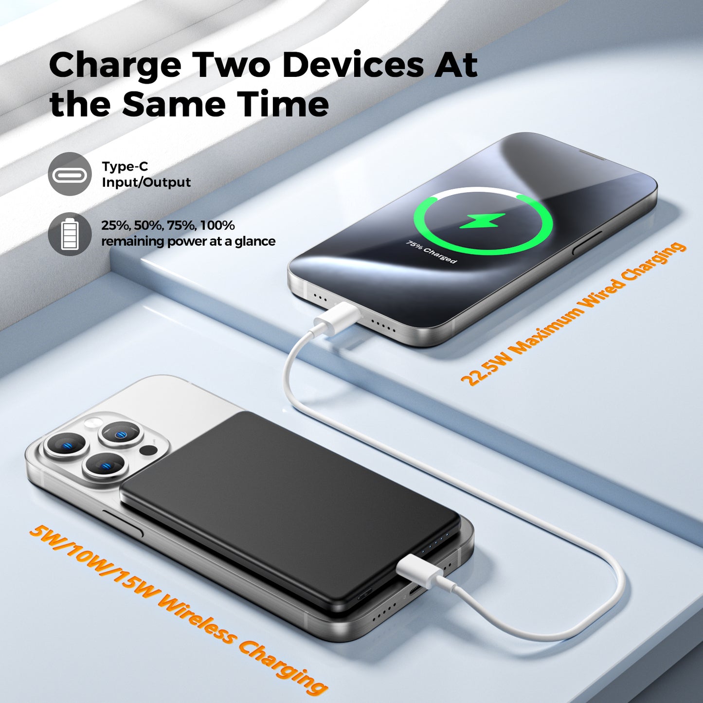 Magnetic Portable Charger, Ultra Slim 5,000mAh Wireless Portable Charger with USB-C Cable, Fast Charging WirelessMagsafe-Compatible Charger for iPhone 16/15/14/13/12—Black