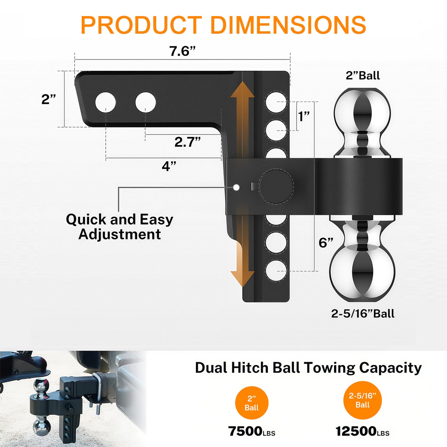 Adjustable Trailer Hitch, Fits 2-inch Receiver-Heavy Duty Aluminum Tow Hitches with 6-inch Drop/Rise for Truck (12,000 lbs GTW) - Weatherproof Double Anti-Theft Locking Hitch Pins