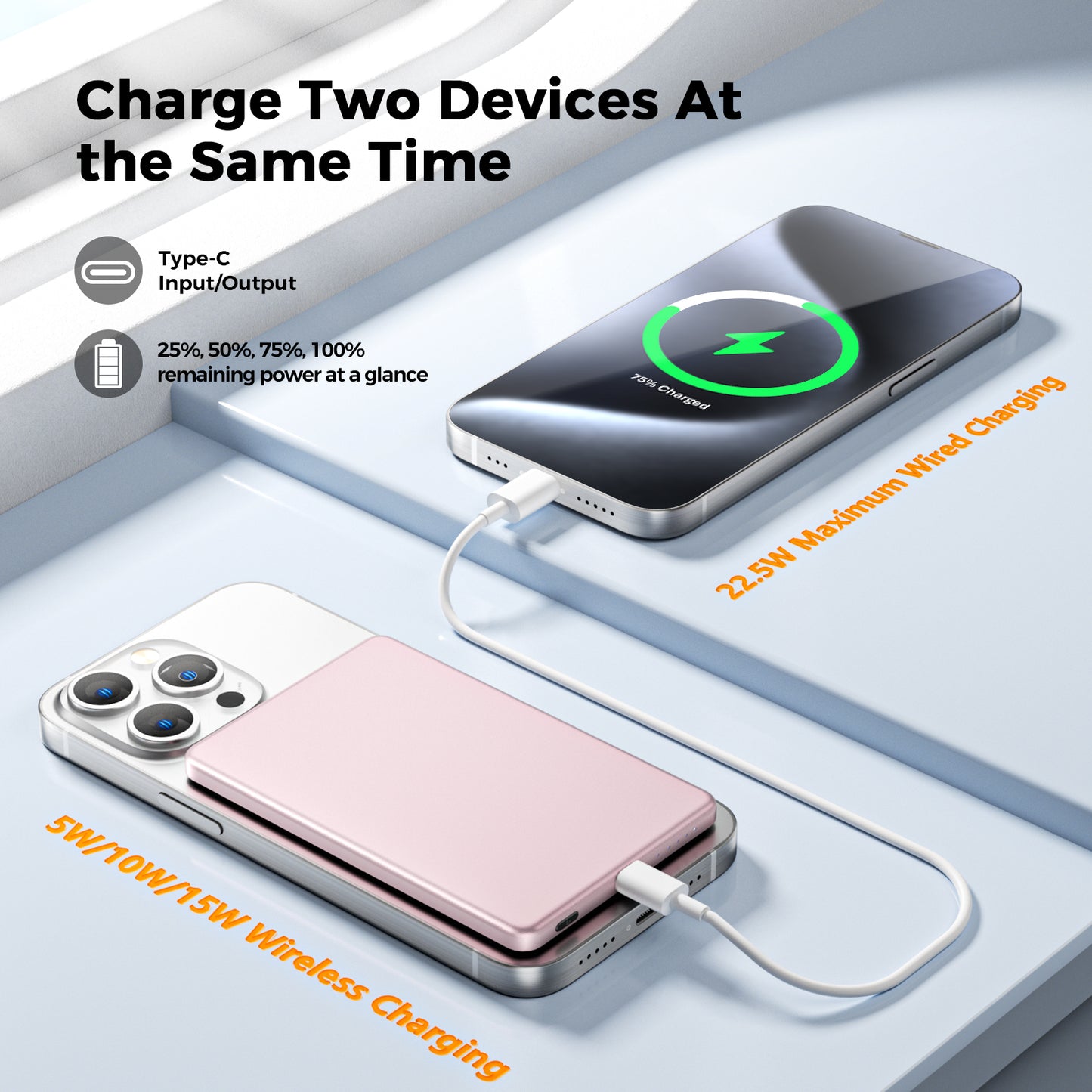 Magnetic Portable Charger, Ultra Slim 5,000mAh Wireless Portable Charger with USB-C Cable, Fast Charging WirelessMagsafe-Compatible Charger for iPhone 16/15/14/13/12—Pink