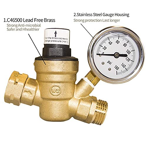 Water Pressure Regulator Valve, RV Brass with Gauge and Inlet Screened Filter for Camper Trailer
