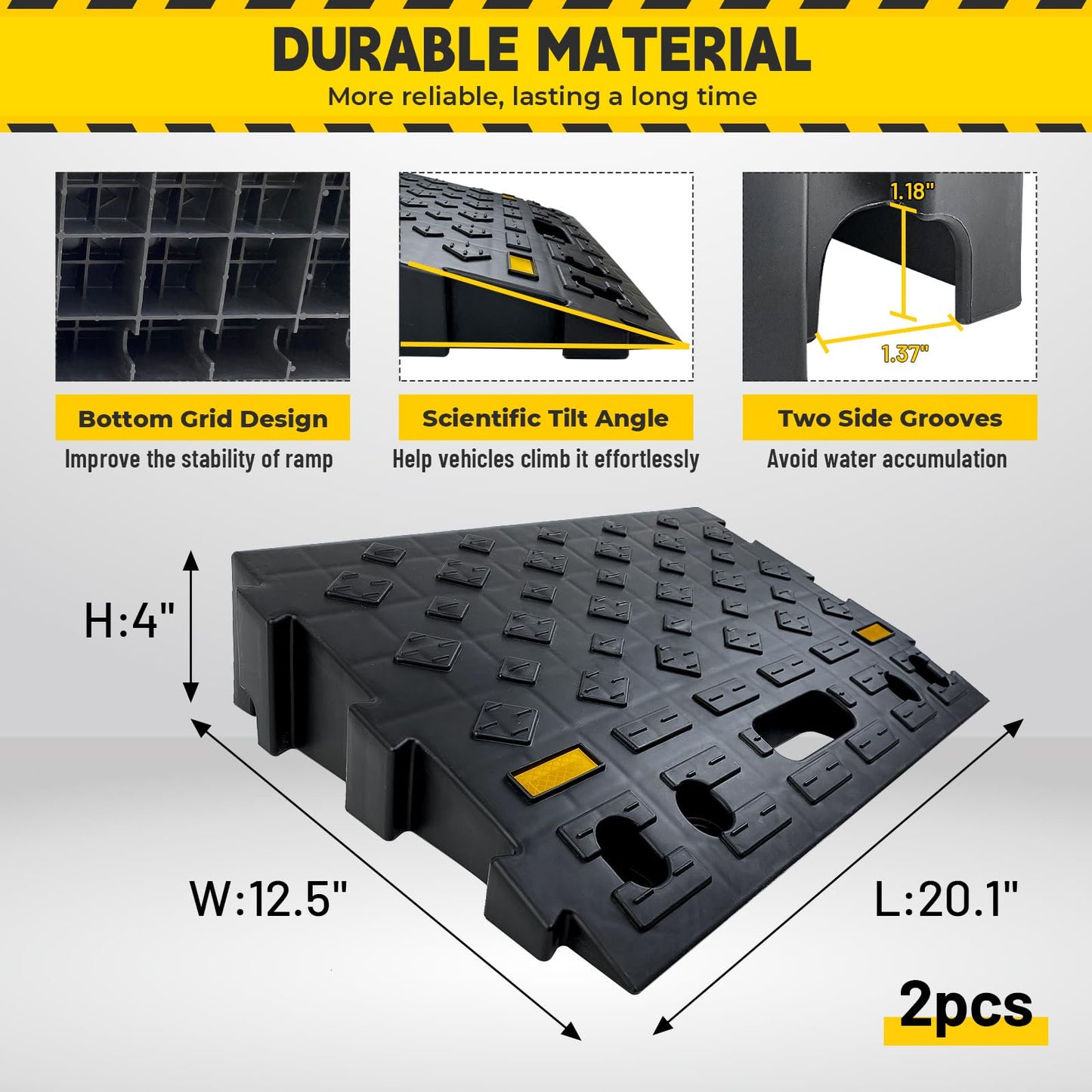 4" High 2 PCS Driveway Curb Ramps,Rubber Curb Ramps  for Sidewalk Lawn Mower Cars Wheelchairs Pet Mobility,Load Capacity 6600 lbs