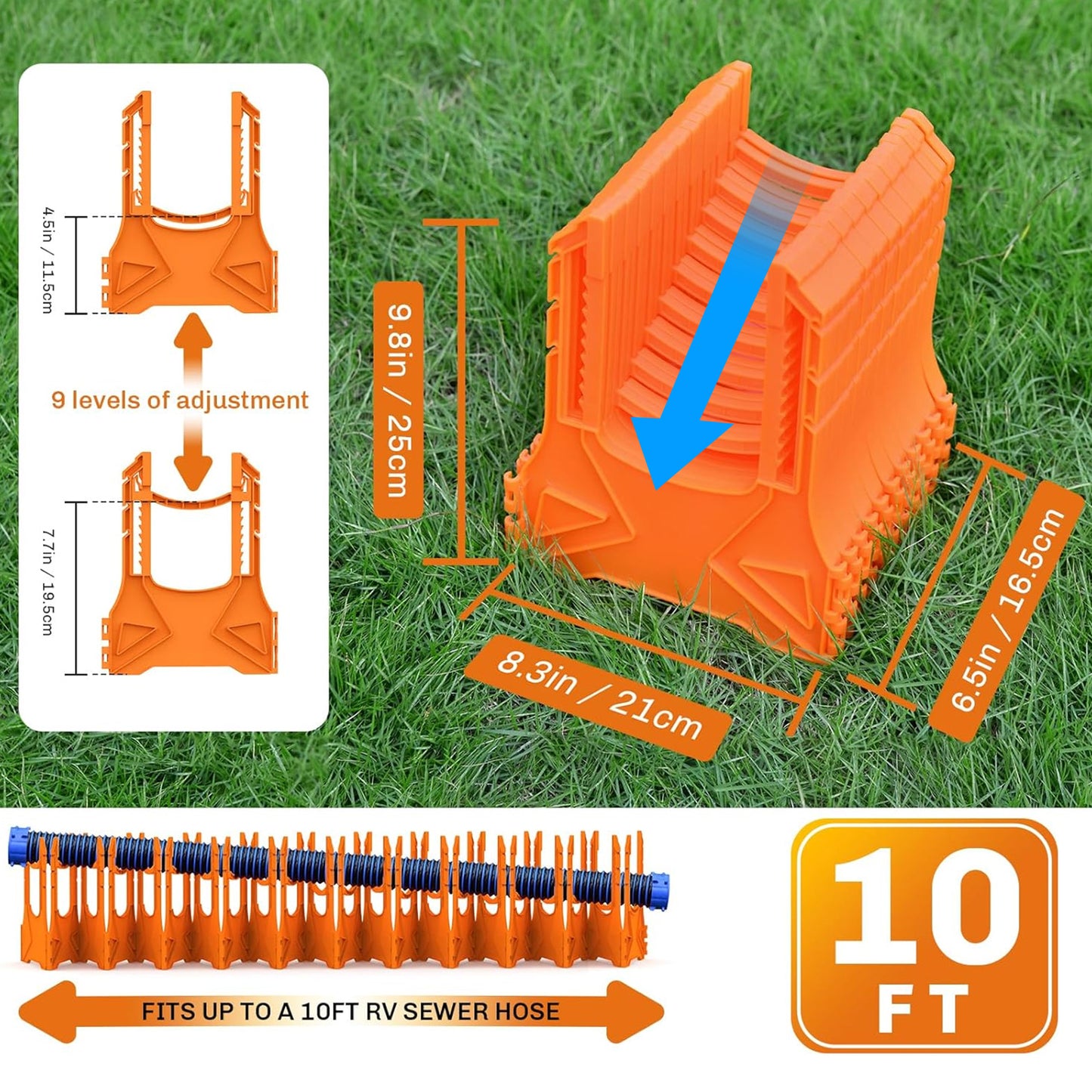 RV Sewer Hose Support - Orange, Heavy Duty Plastic - 10-Foot