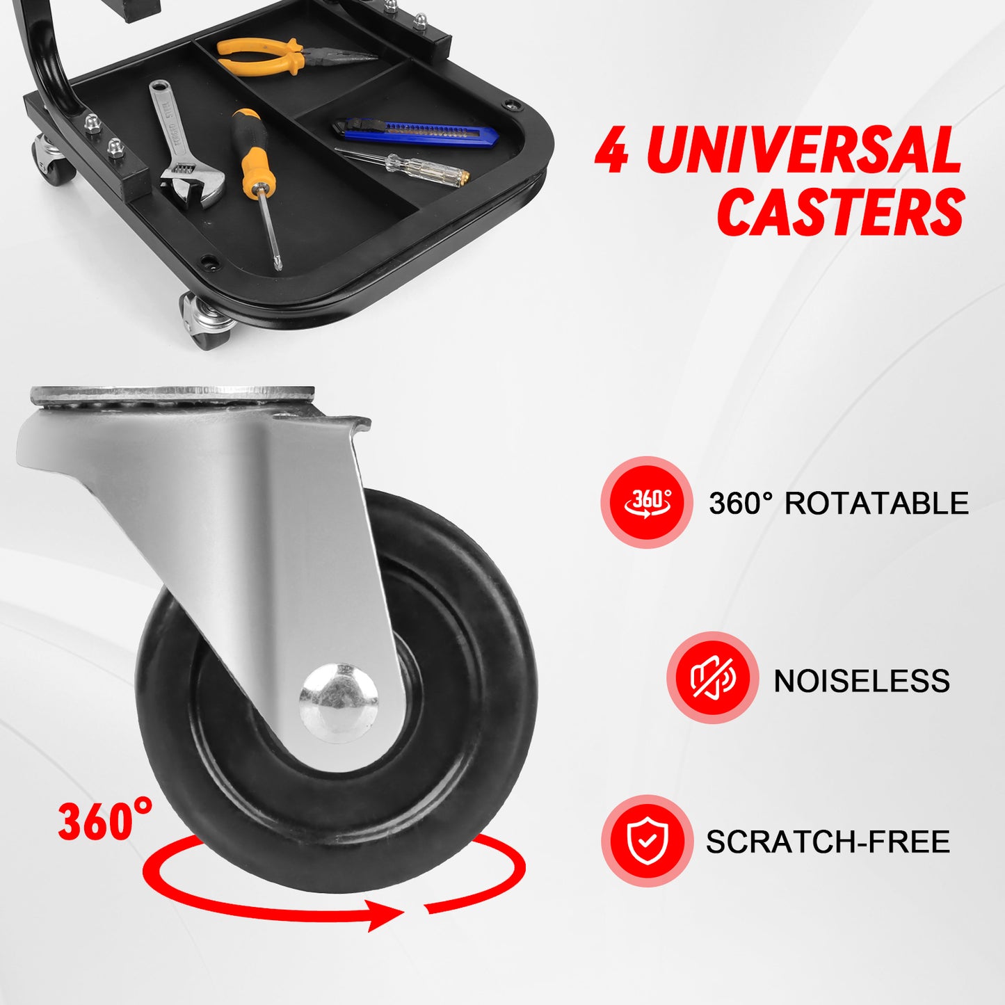 Rolling Creeper Garage/Shop Seat, Soft Padded Mechanic Stool with Segmented Tool Tray Storage, Heavy-Duty Garage Roller Seat with 4 Universal Casters, 330 LBS Capacity