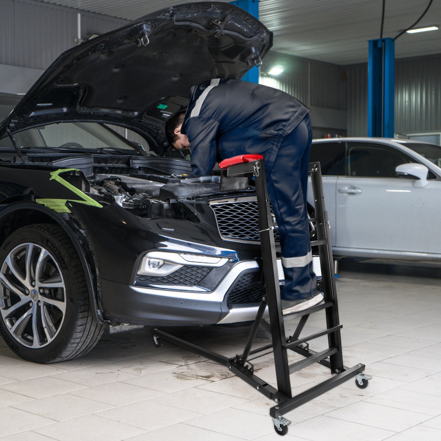 Foldable Topside Creeper, Automotive Engine Creeper with 45”-66” Adjustable Height, 400LBS Capacity High Top Automotive Creeper with 4 Swivel Caster Wheels and Cushions for Garage, Shop, Auto Repair