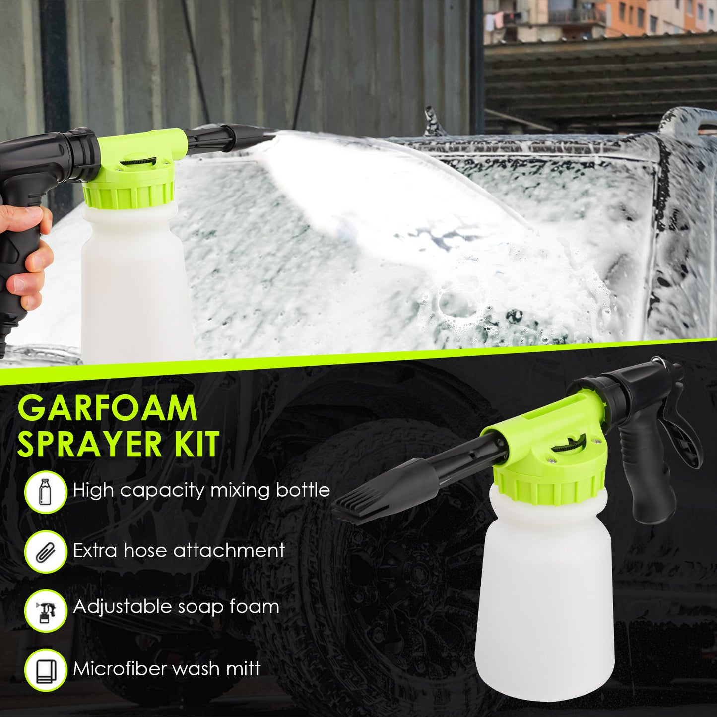 Car Wash Foam Gun, Microfiber Wash Mitt, Car Foam Sprayer, Car Wash Kit, Foam Cannon Garden Hose, Spray Foam Gun Cleaner, Car Accessories for Men, Snow Foam Blaster(Green)