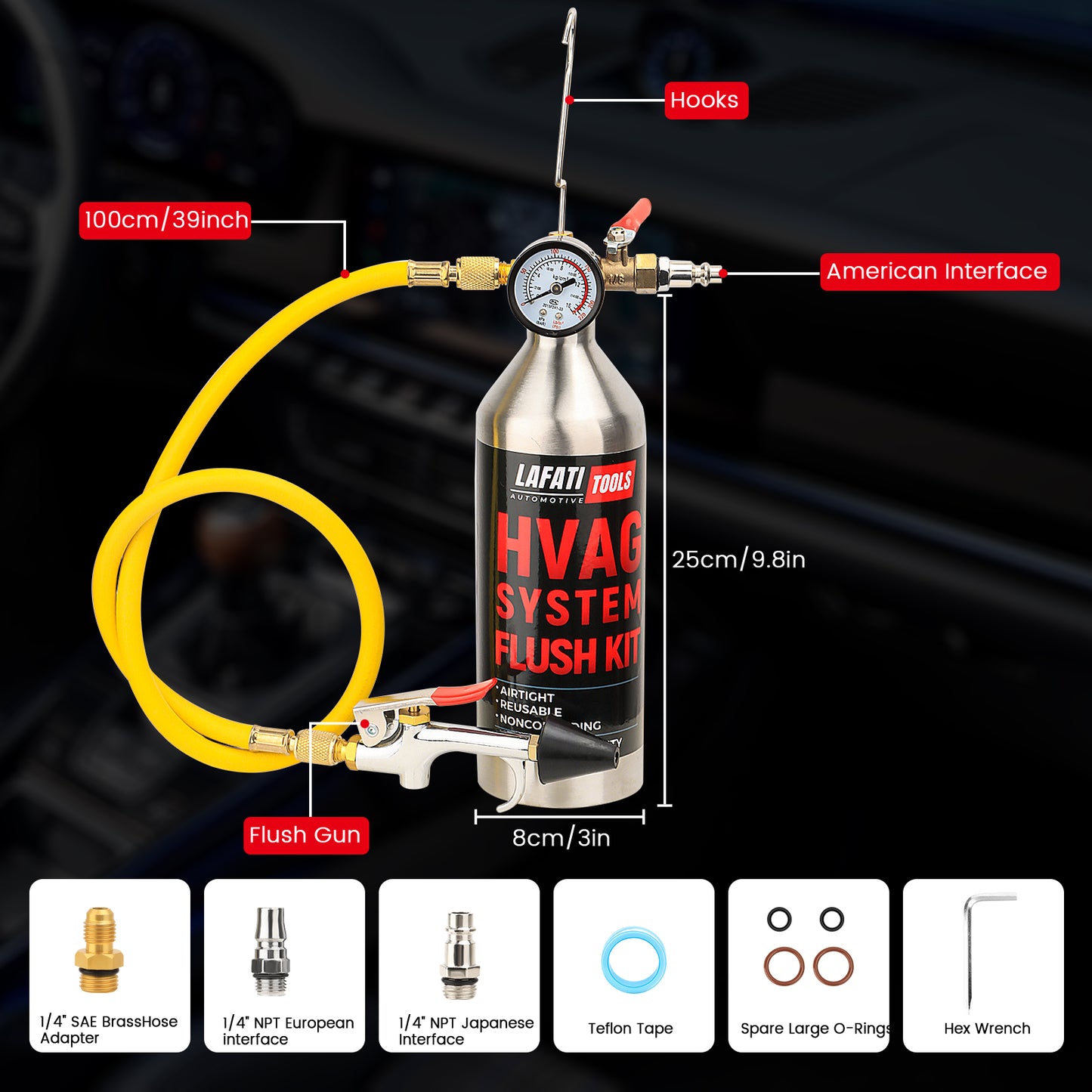 AC Flush Kit, Automotive Home HVAC Flush Tool, Thickened Stainless Steel Canister, Auto A/C Flushing Kit House Air Conditioning Flushing Bottle Set(Gas not included)