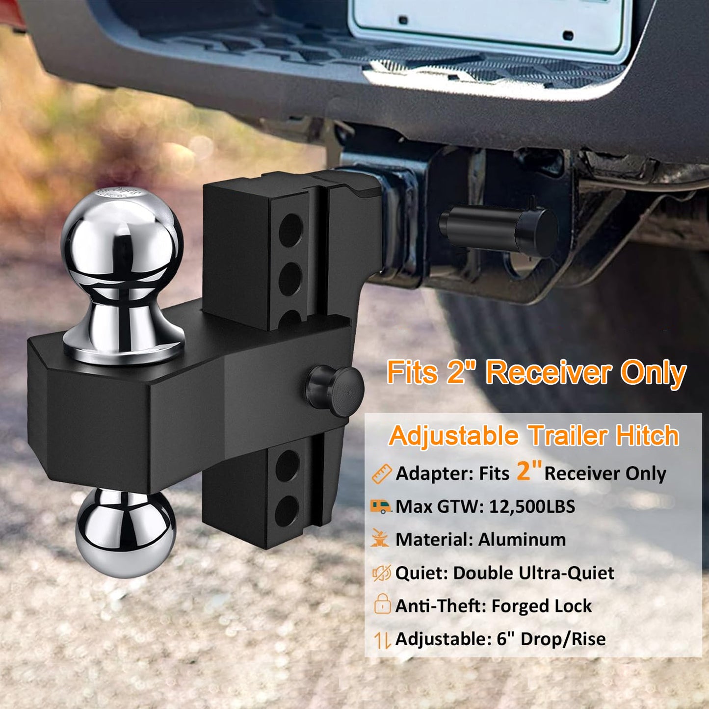 Adjustable Trailer Hitch, Fits 2-inch Receiver-Heavy Duty Aluminum Tow Hitches with 6-inch Drop/Rise for Truck (12,000 lbs GTW) - Weatherproof Double Anti-Theft Locking Hitch Pins