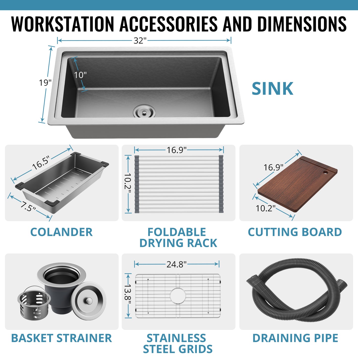 Lafati 32-Inch Undermount Single Bowl Kitchen Sink - 304 SUS Stainless Steel - 16-Gauge - Farmhouse Sink with Accessories