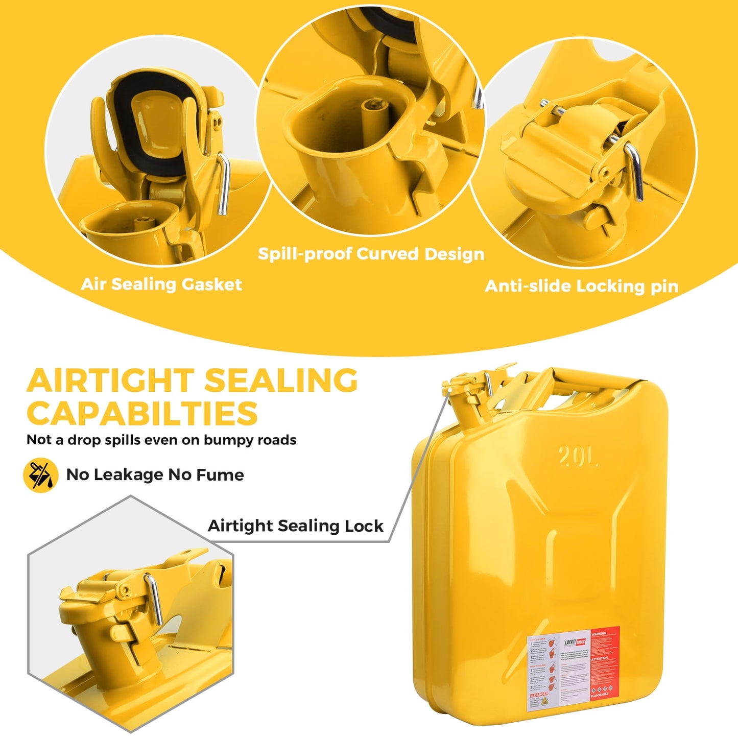 5 Gallon 20L Metal Gas Tank Can (US Stardard) Gas Can Power Emergency Backup Tank with Flexible Spout Yellow