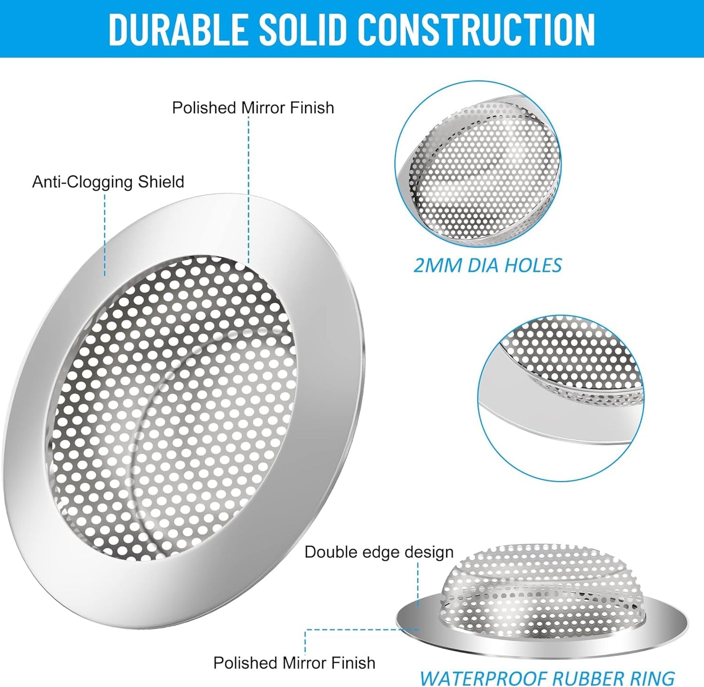 Lafati Stainless Steel Utility Sink Strainer - 4.5 inch Standard Single Bowl Free Standing Kitchen Sink Strainer for Farmhouse, Bathroom, Bar, Laundry Room (3 Pack)