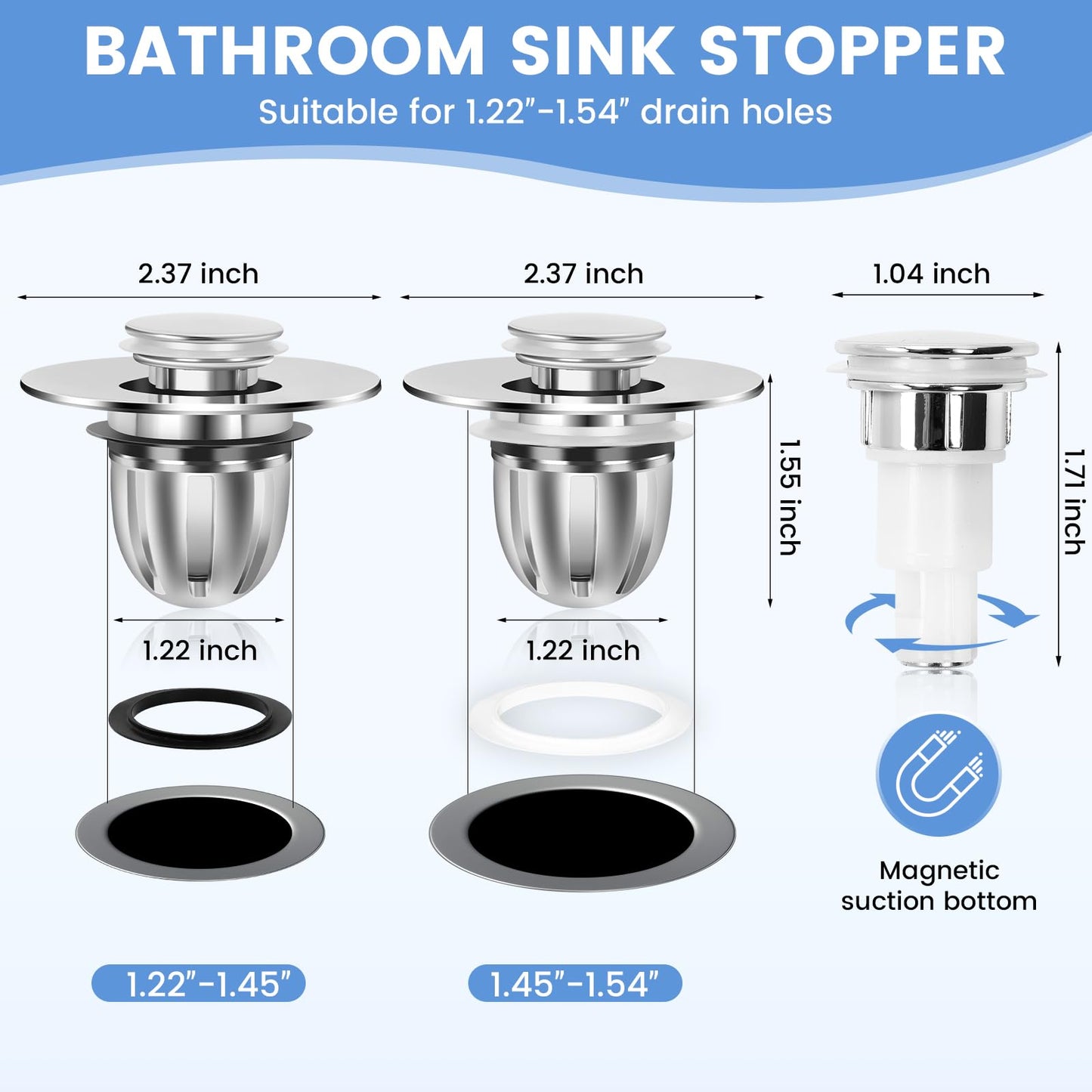 Weswose Universal 2-in-1 Magnetic Bathroom Sink Stopper and Drain Hair Catcher - Easy Install, Fits 1.22"-1.54" Drains, 2 Pcs Set