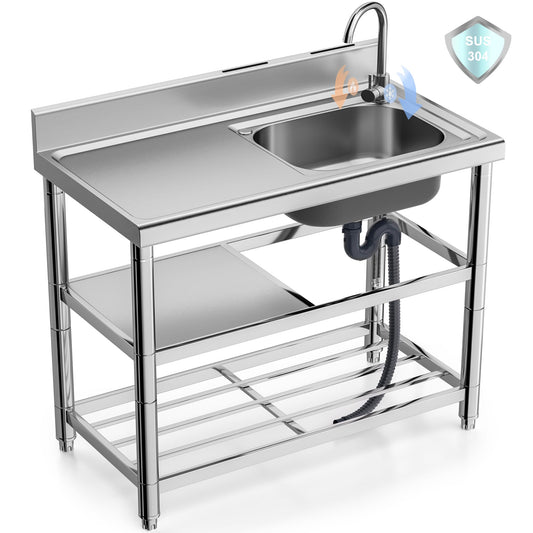 Lafati 304 Stainless Steel Freestanding Utility Sink Set - 39.5" Single Bowl with Faucet, Drainboard & Adjustable Feet for Outdoor, Garden, Garage, and Commercial Use